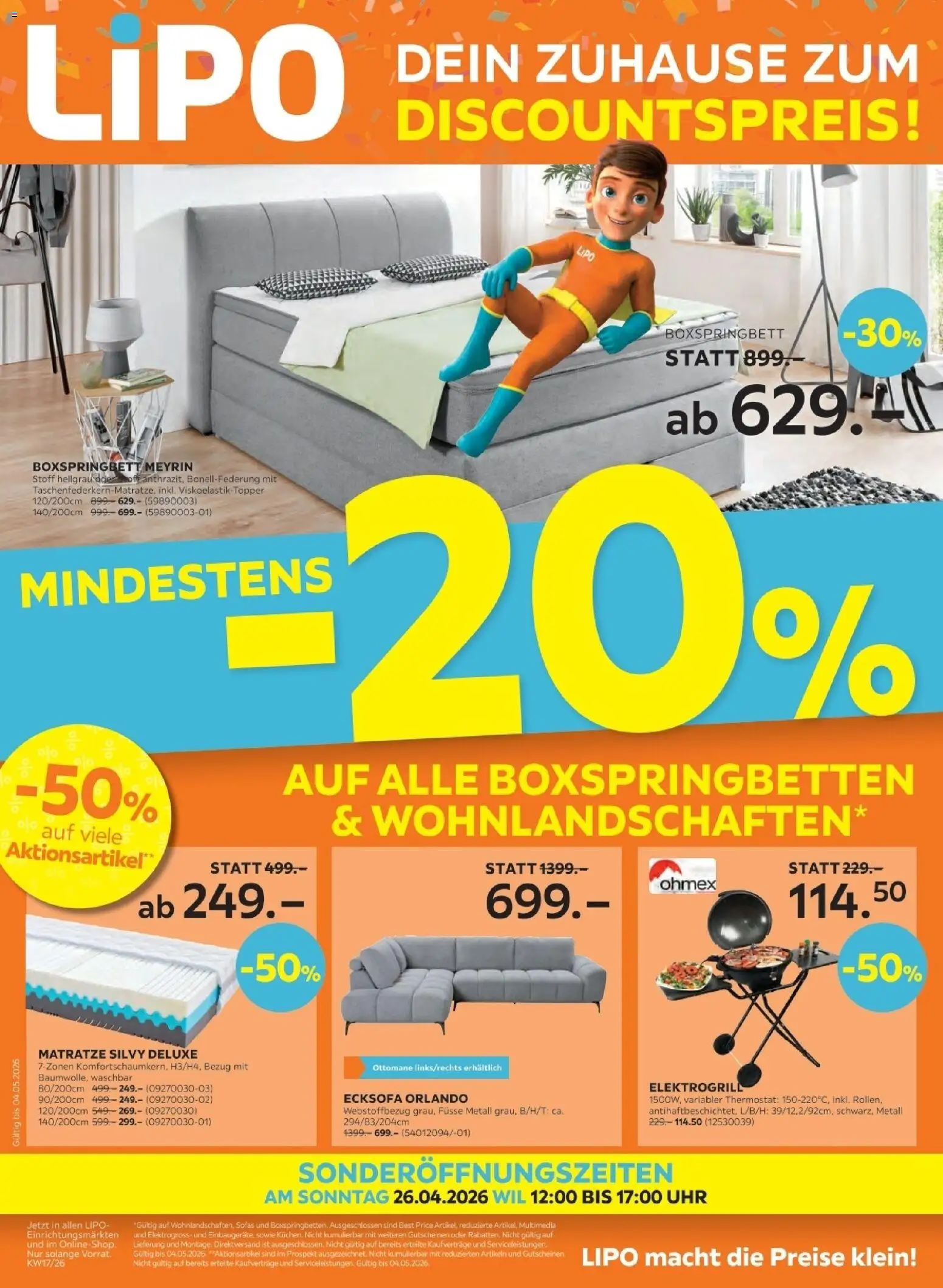 Lipo aktionen – gültig ab 21.04.2026 | Seite: 1 | Produkte: Matratze, Uhr, Boxspringbett, Ecksofa