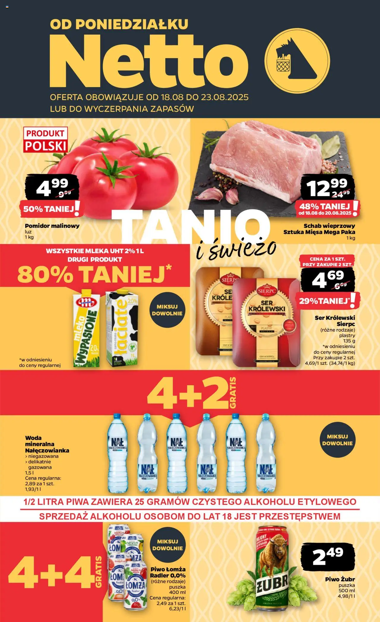 Netto gazetka - Spożywcza od 18.08.2025 | Strona: 1 | Produkty: Pomidor malinowy, Schab, Ser, Woda