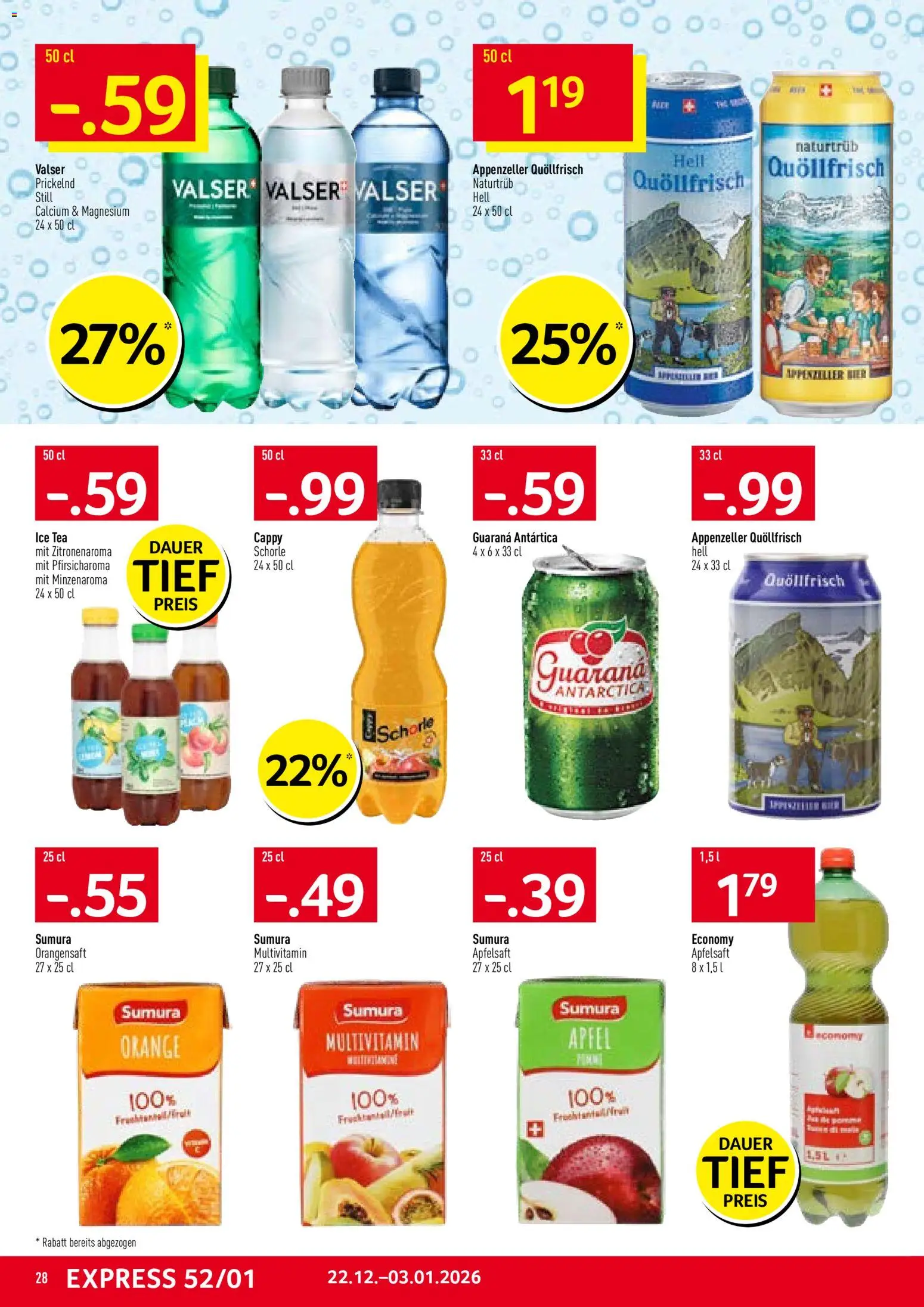 Prodega Aktionen – gültig ab 22.12.2025 | Seite: 28 | Produkte: Orangensaft, Apfelsaft, Bier, Äpfel