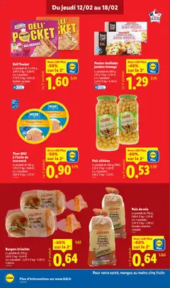 LIDL - Prévisualisation de Pain de mie Grandes Tranches Complet, Le produit de 750 g :, 1,60 € (1 kg = 2,13 €), Les 2 produits : 2,24 € (1 kg = 1,49 €), Grandes tranches, Complet valide à partir de 12.02.2026 | Page: 12 | Produits: Sandwich, Thon, Pain de mie, Pois chiches