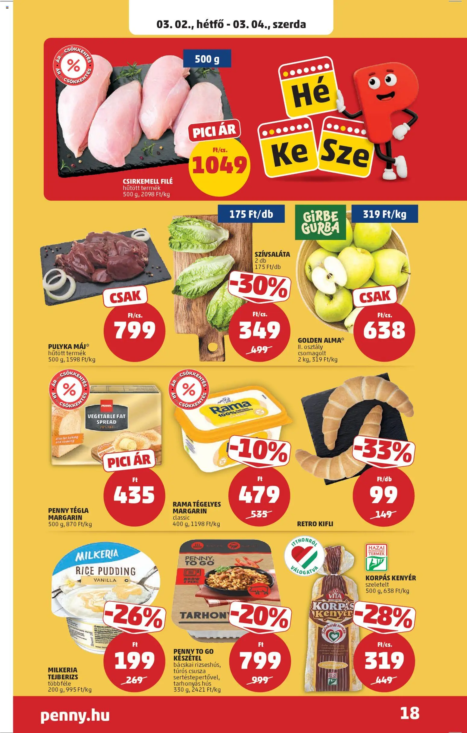 PENNY akciós ujság - amely érvényes a következő dátumtól: 26.02.2026 | Oldal: 22 | Termékek: Tejberizs, Margarin, Kenyér, Csirkemell