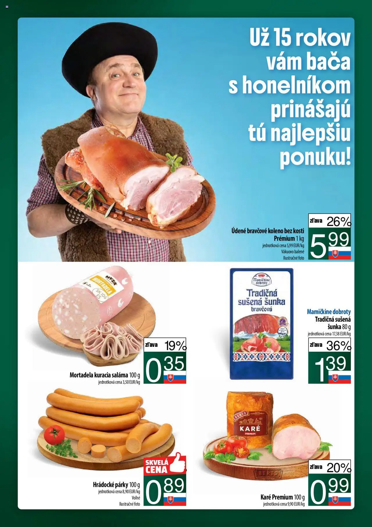 Nové COOP Jednota akcie – leták je platný od 11.09.2025 | Strana: 8 | Produkty: Saláma, Šunka, Bravčové koleno, Párky