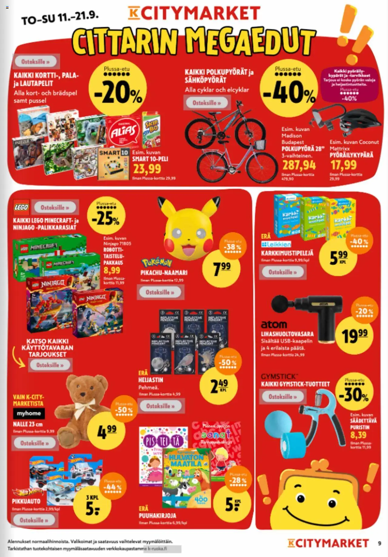 K-Citymarket tarjoukset – voimassa 11.09.2025 alkaen | Sivu: 9 | Tuotteet: Pyöräilykypärä, Robotti, Polkupyörä, Lautapelit