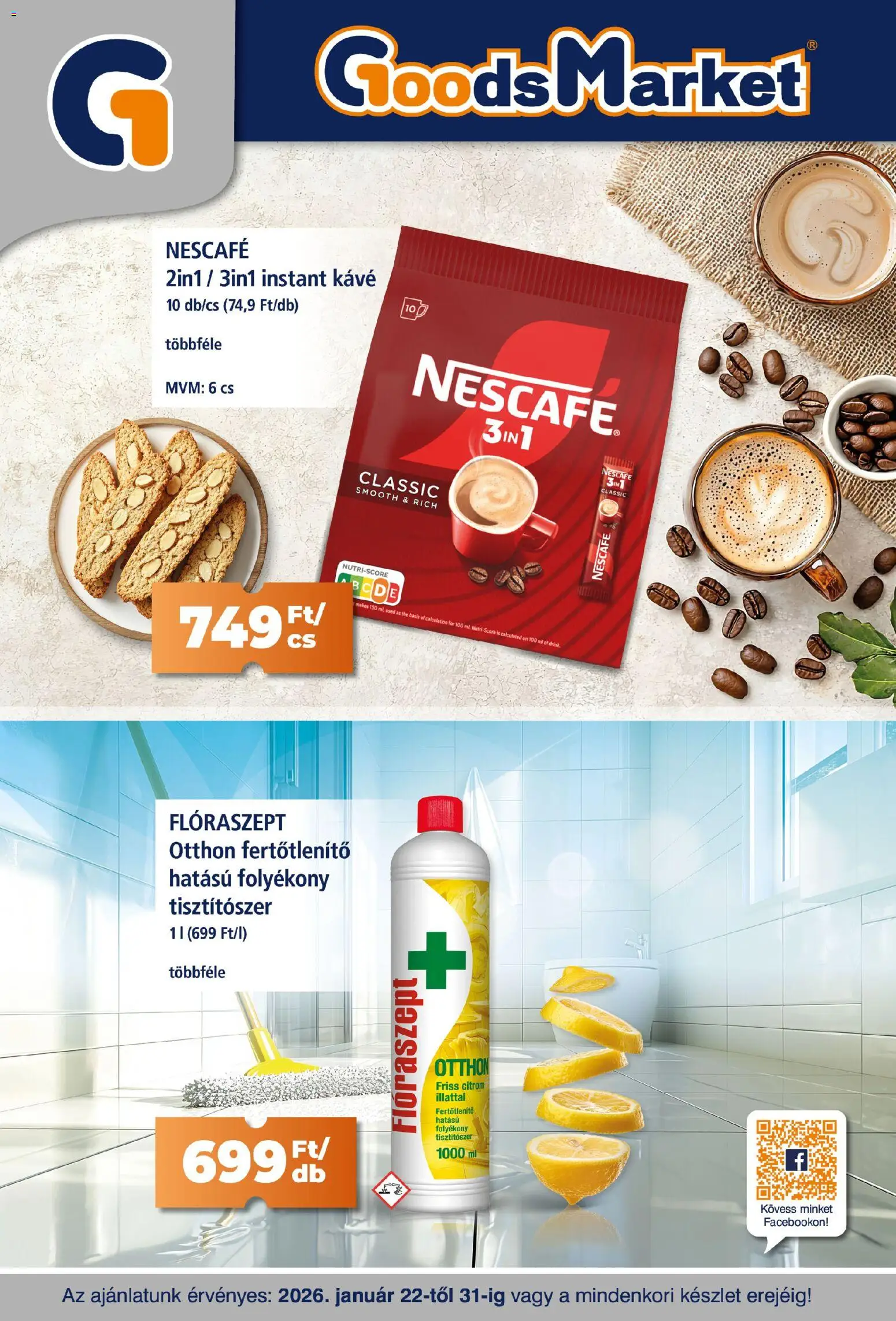 Goods Market akciós ujság - amely érvényes a következő dátumtól: 22.01.2026 | Oldal: 1 | Termékek: Nescafé, Kávé, Instant kávé, Citrom