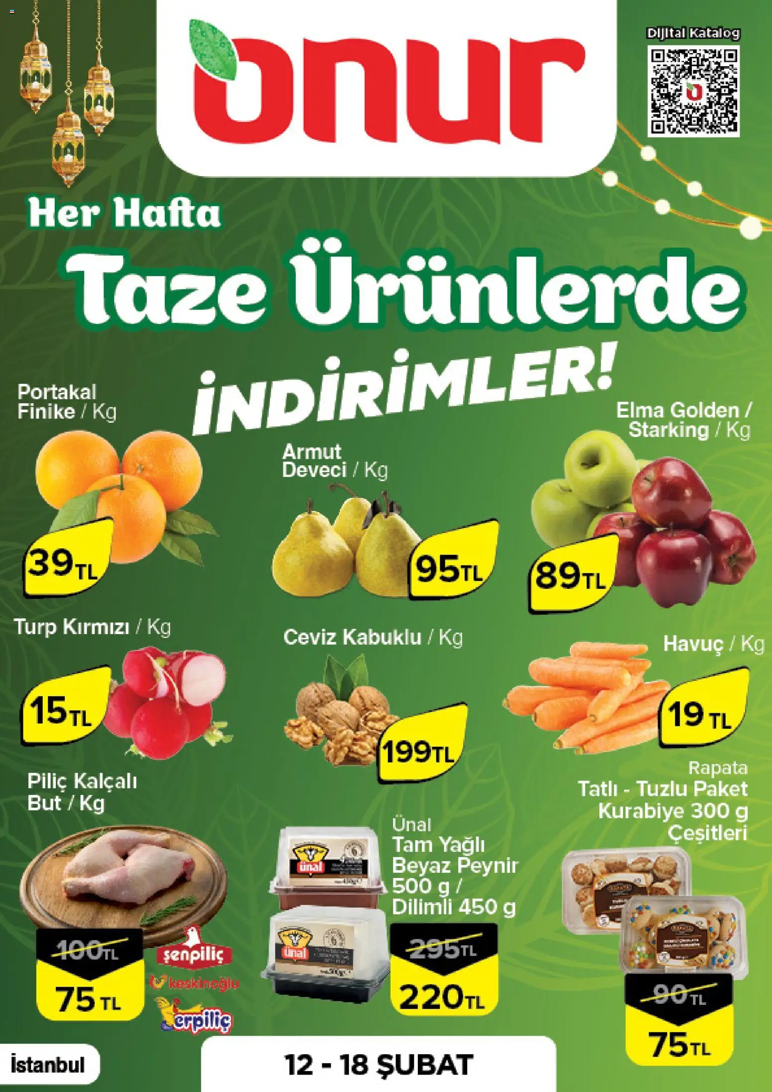 Onur Market Taze Ürünlerde İndirimler - İstanbul - 12.02.2026 tarihinden itibaren geçerlidir | Sayfa: 1 | Ürünler: Peynir, Elma, Havuç, Piliç