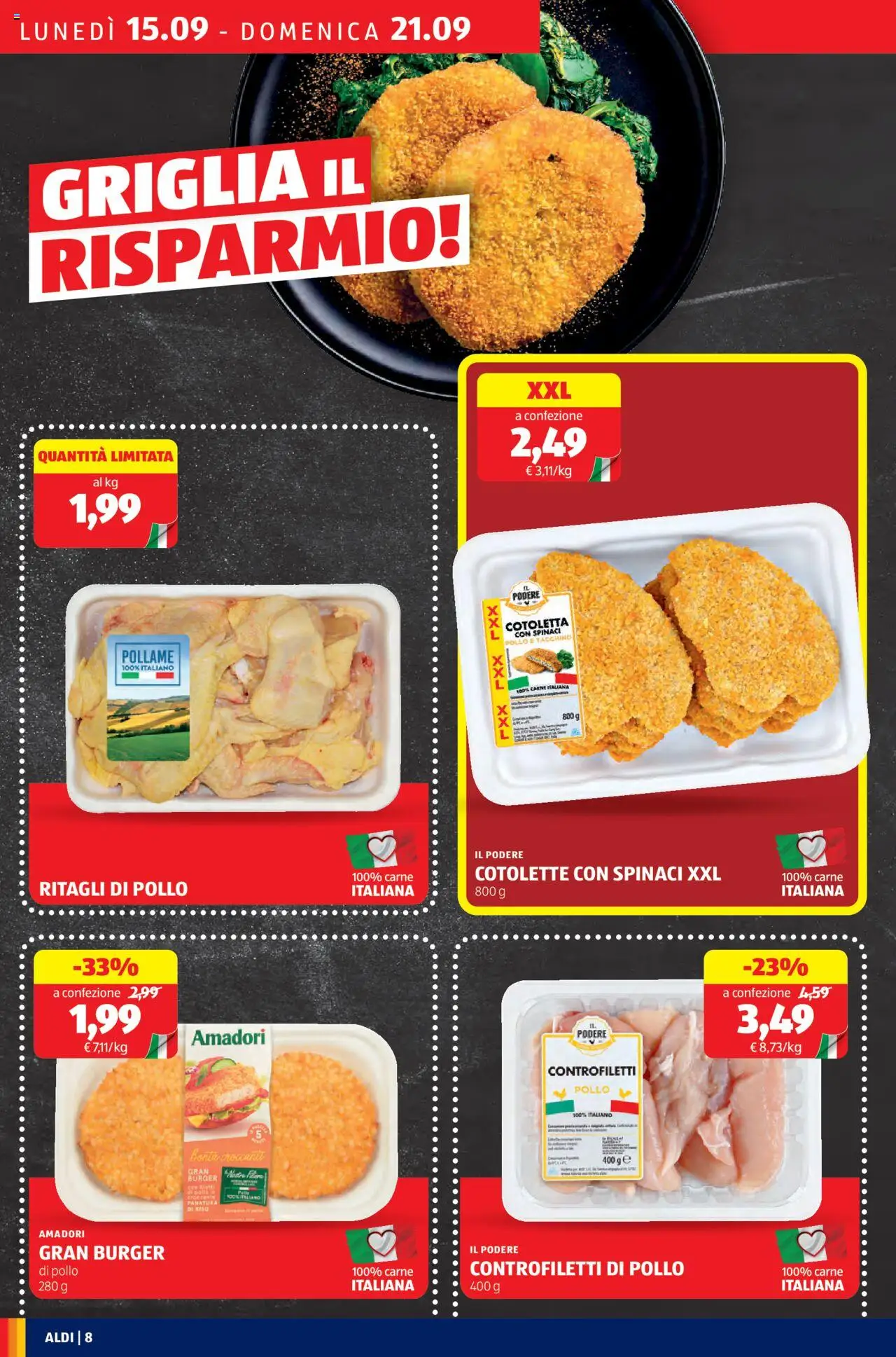 Volantino Aldi del 15.09.2025 | Pagina: 8 | Prodotti: Pollo, Riso, Tacchino, Spinaci