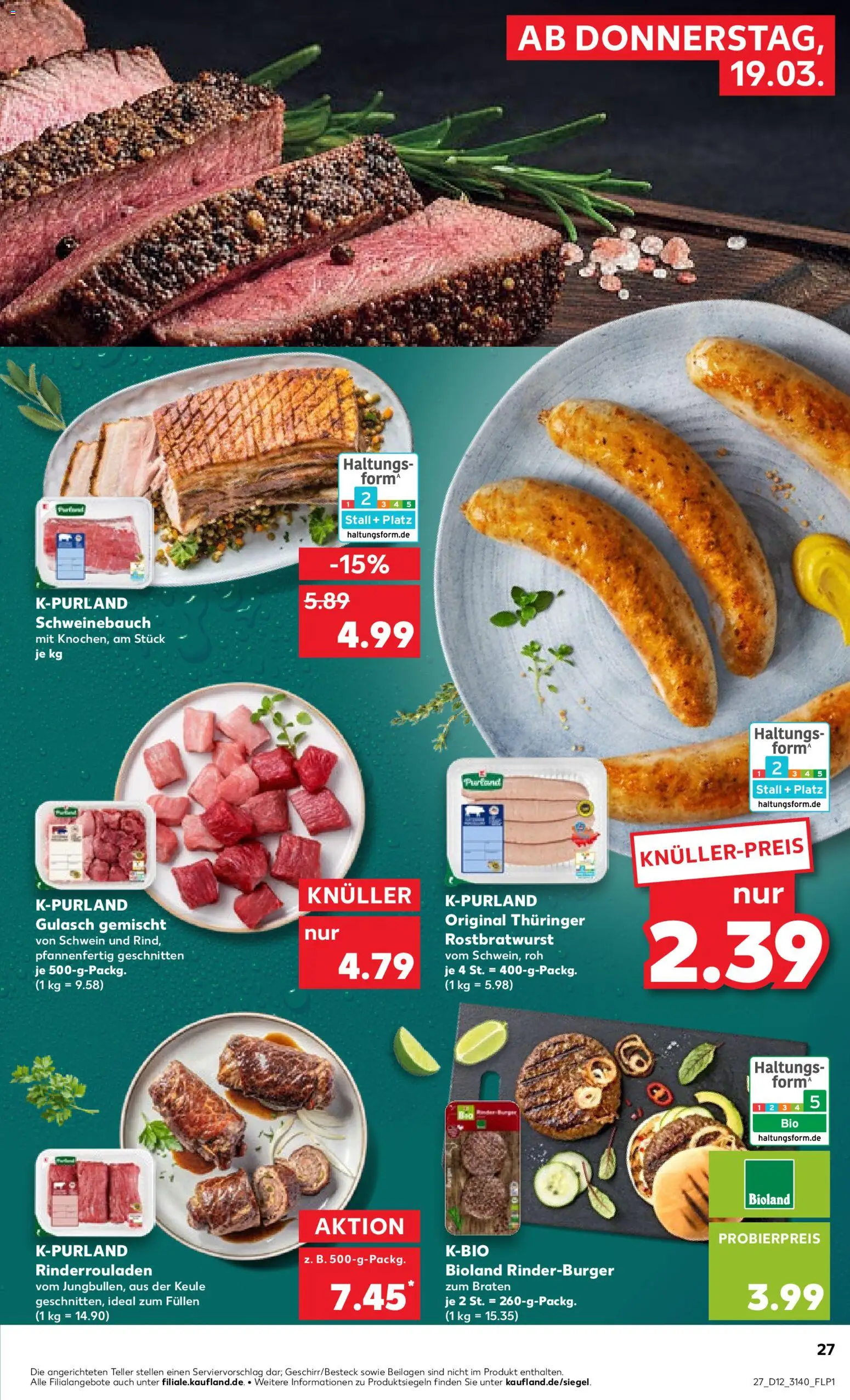 Kaufland Prospekt Leipzig	 – gültig ab 19.03.2026 | Seite: 27 | Produkte: Rinderrouladen, Schweinebauch, Burger, Gulasch