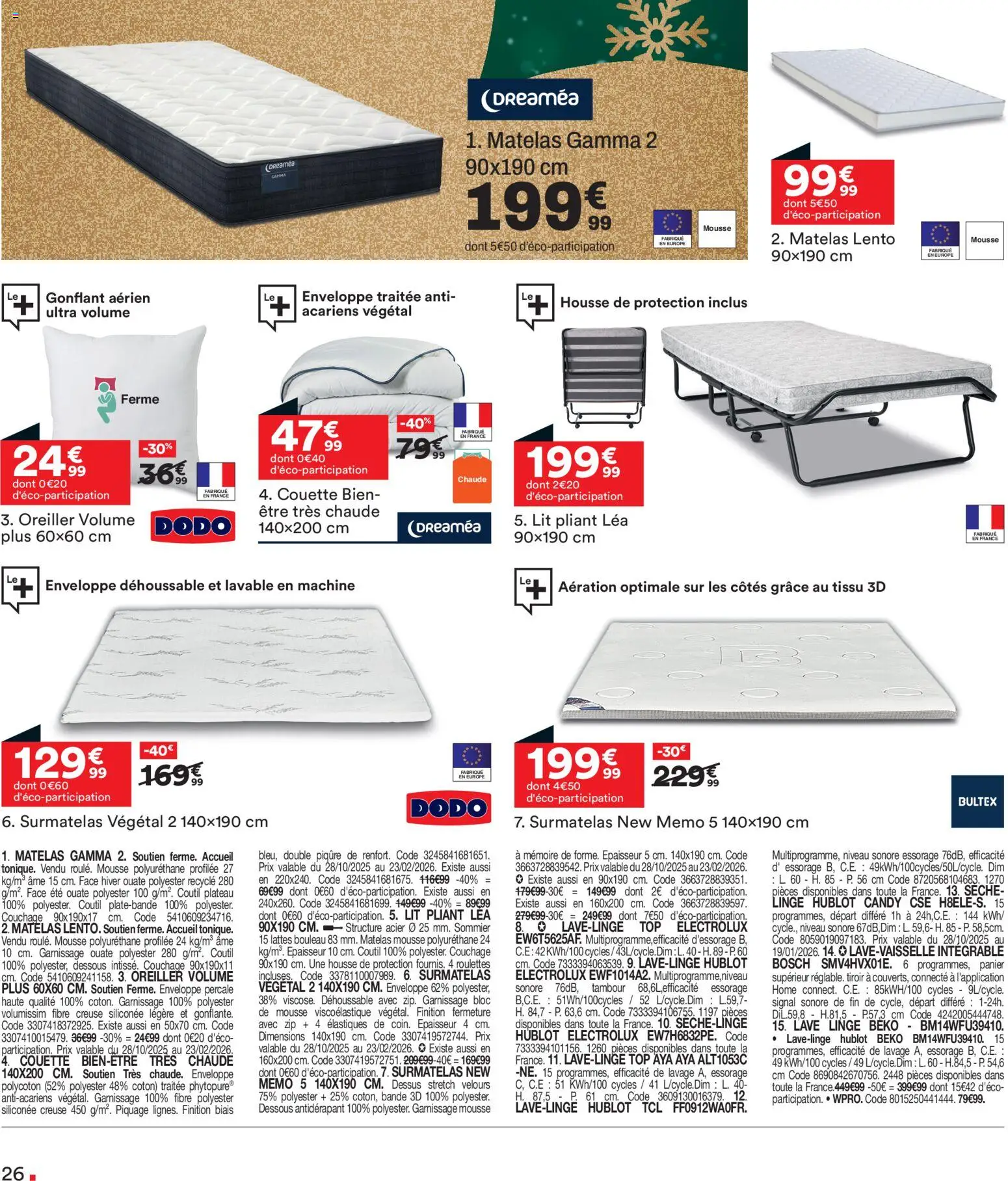 {H1} | Page: 26 | Produits: Surmatelas, Matelas, Élastiques, Couette