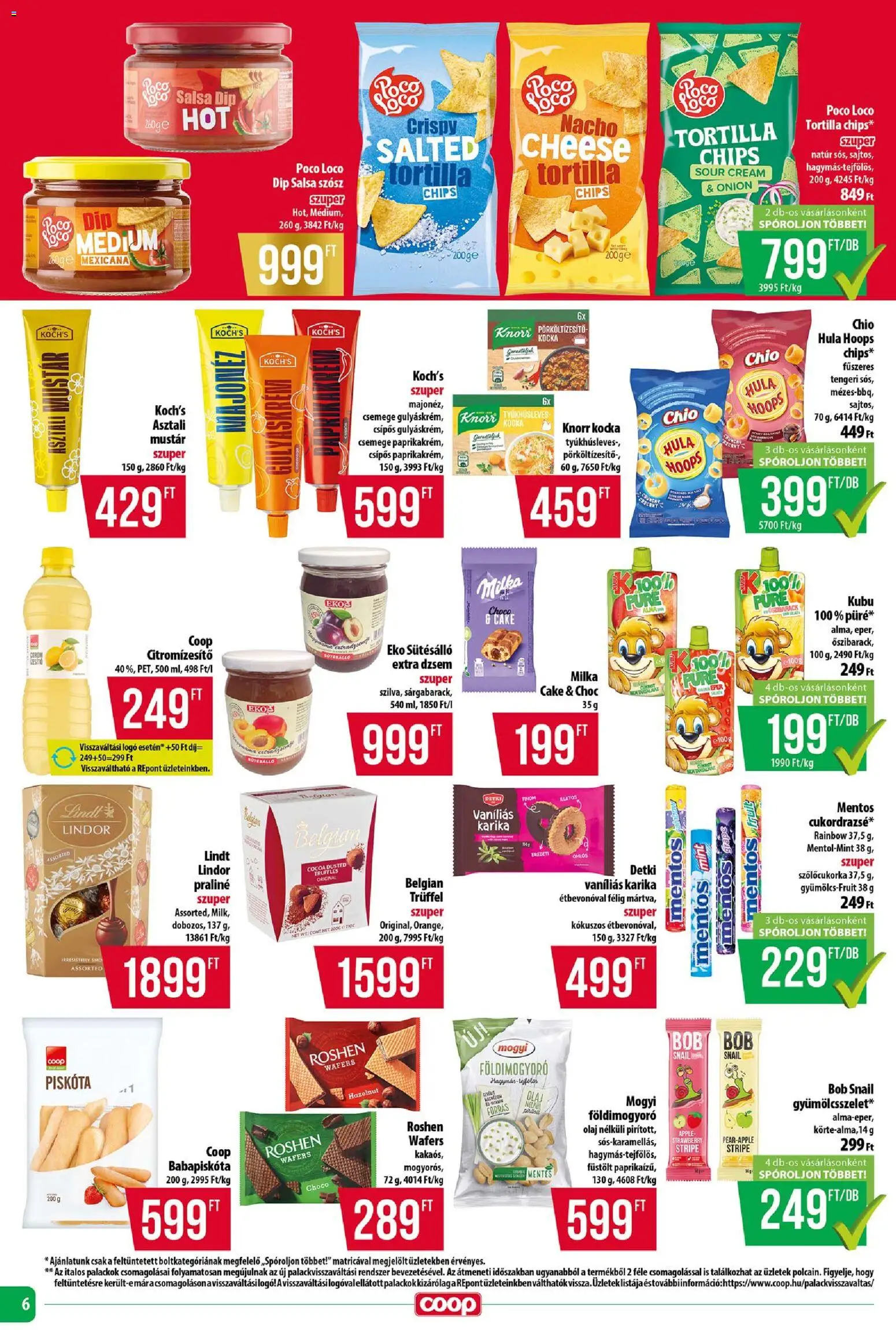 COOP akciós ujság - amely érvényes a következő dátumtól: 23.04.2026 | Oldal: 6 | Termékek: Chips, Babapiskóta, Dzsem, Szósz