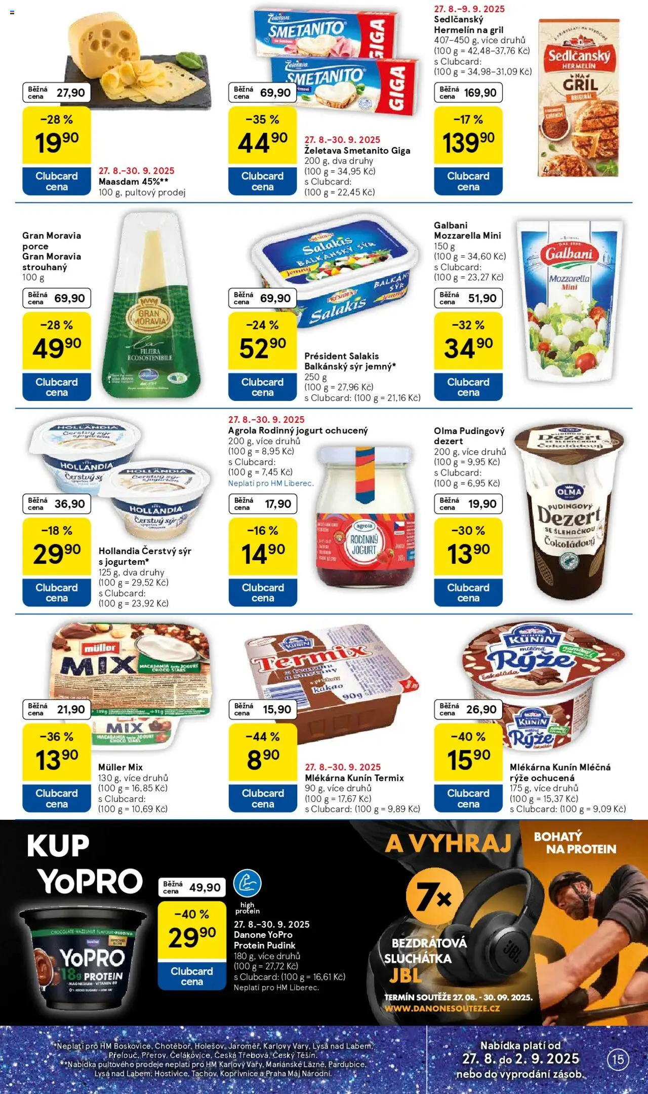 Tesco leták - Hypermarket od 27.08.2025 | Strana: 15 | Produkty: Mléčná rýže, Sluchátka, Hermelín na gril, Mozzarella