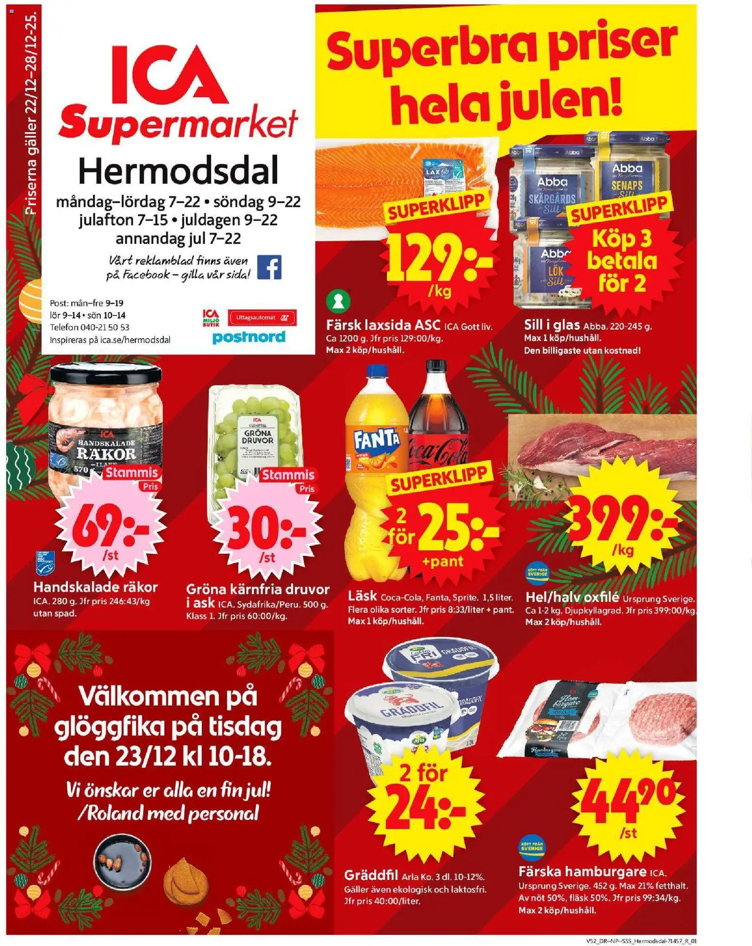 ICA Supermarket reklamblad aktuell från 22.12.2025 | Sida: 1 | Produkter: Räkor, Lax, Gräddfil, Telefon