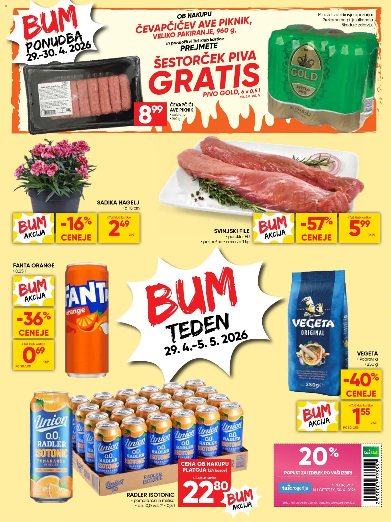 Novi Tuš katalog ponudbe – veljaven od 29.04.2026 | Stran: 20 | Izdelki: Čevapčiči, Radler, Pivo