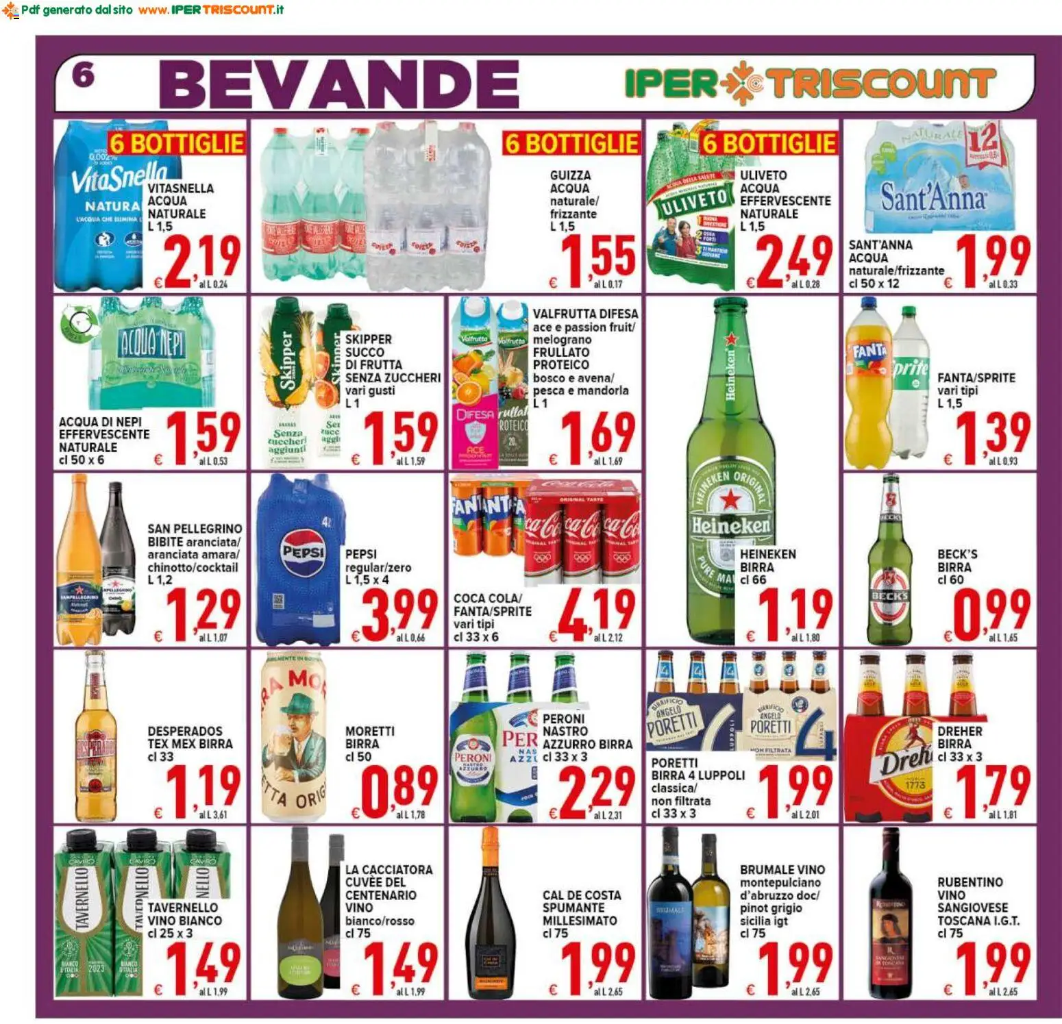 Volantino Ipertriscount del 26.01.2026 | Pagina: 6 | Prodotti: Birra, Acqua, Bibite, Heineken