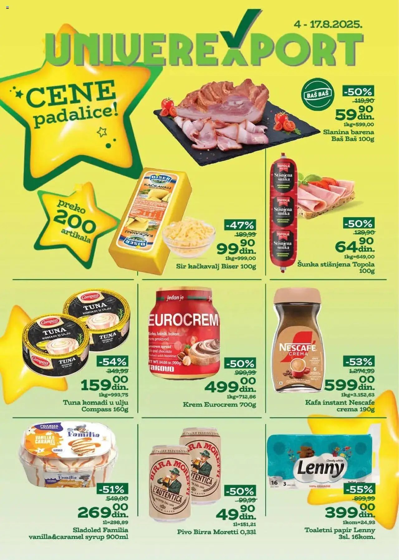 Univerexport katalog - važi od 04.08.2025 | Strana: 1 | Proizvode: Sladoled, Kačkavalj, Kafa, Šunka