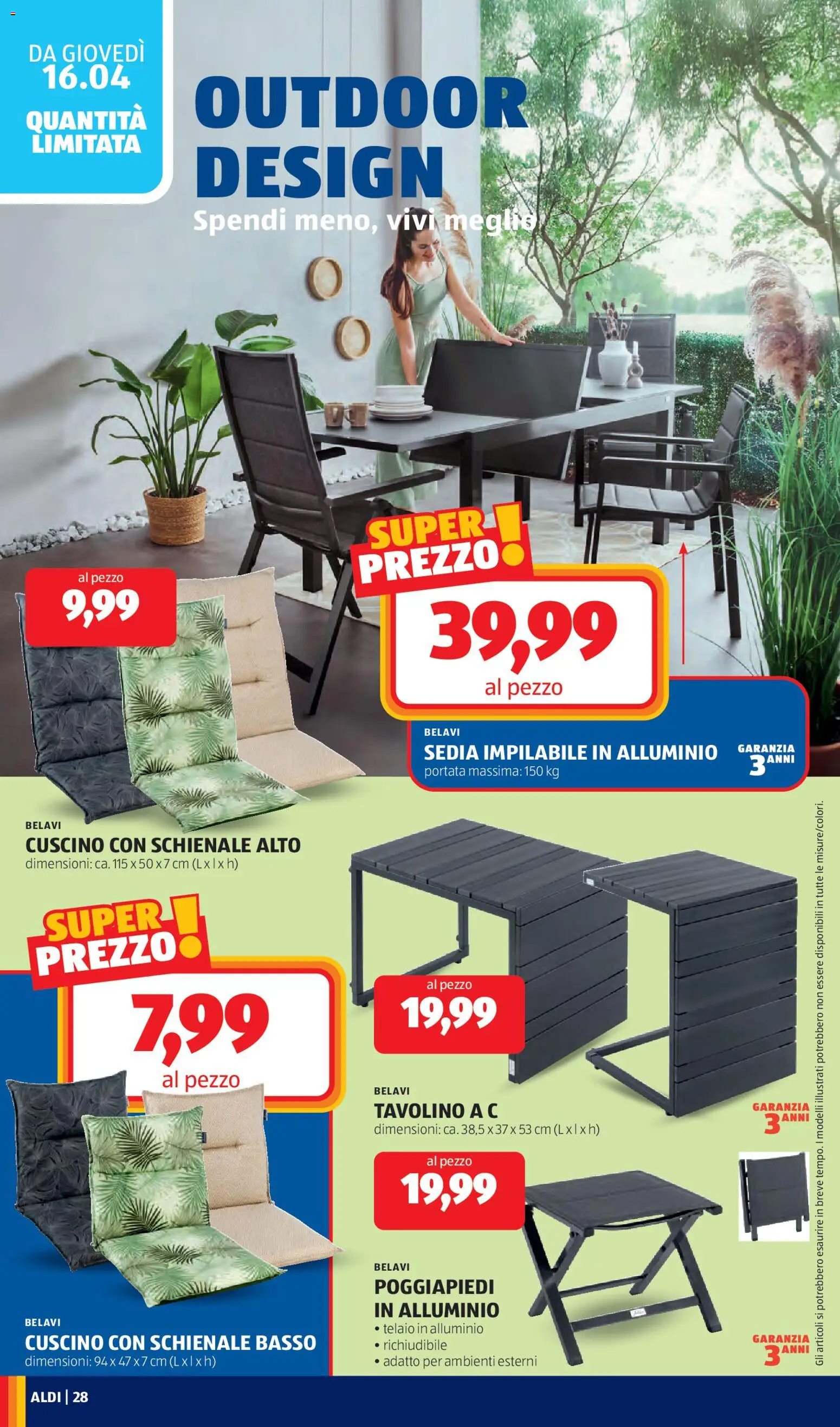 Volantino Aldi del 13.04.2026 | Pagina: 28 | Prodotti: Tavolino, Alluminio, Cuscino, Sedia