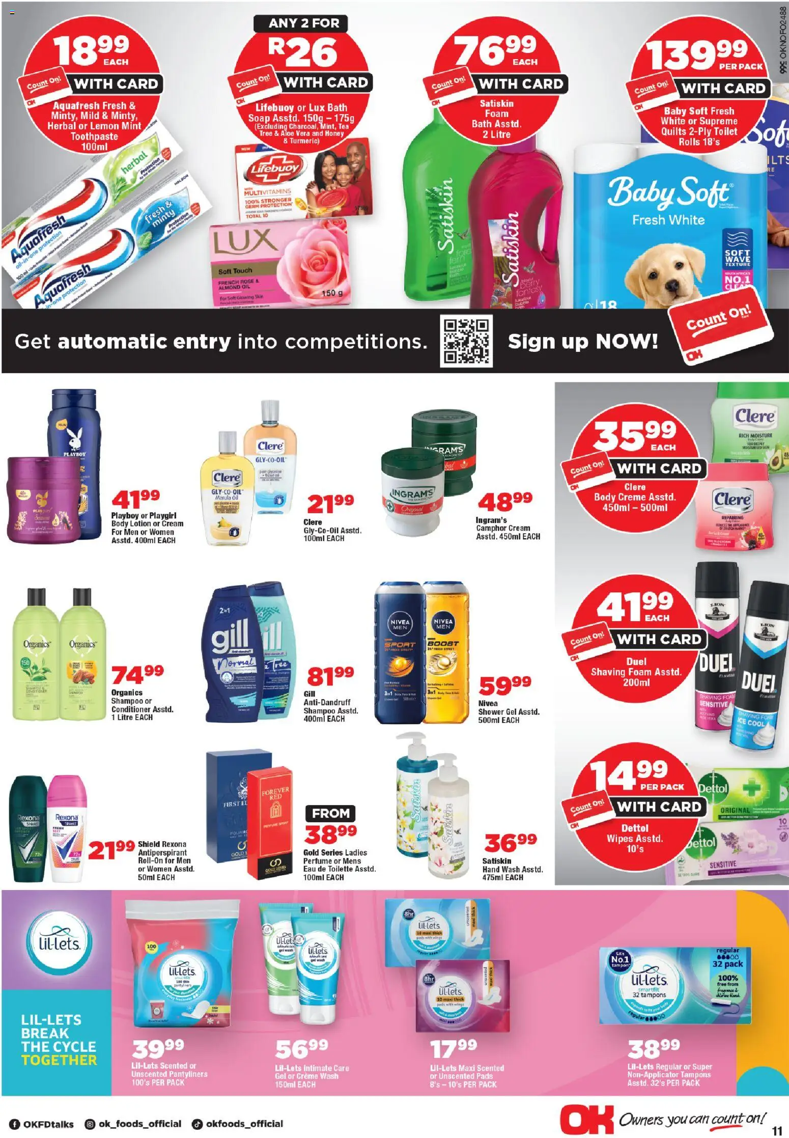 New OK Foods catalogue – valid from 24.04.2026 | Page: 11 | Products: Toilet, Bath, Toothpaste, Foam