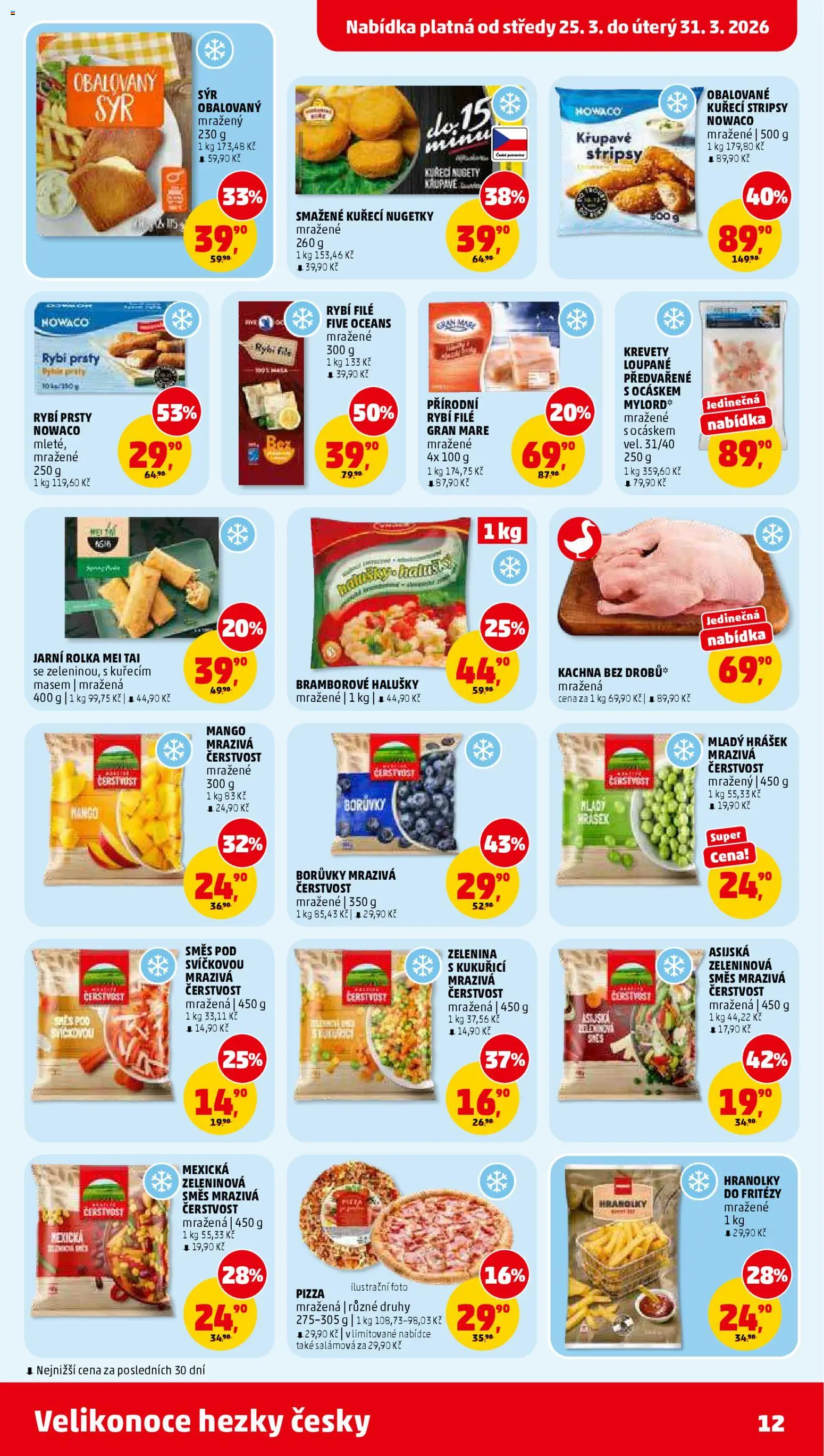 Penny Market leták od 25.03.2026 | Strana: 12 | Produkty: Mango, Nowaco Kuřecí stripsy, Kuřecí nugetky, Hrášek