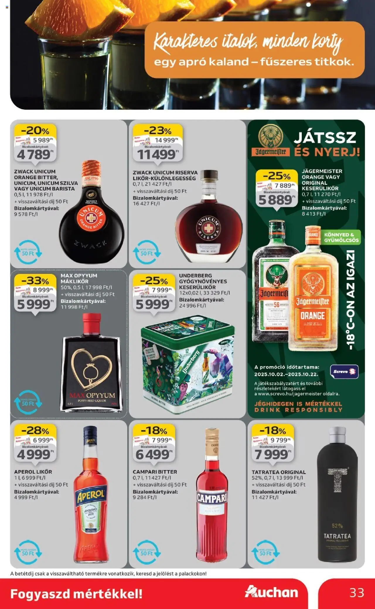Auchan akciós ujság - amely érvényes a következő dátumtól: 02.10.2025 | Oldal: 33 | Termékek: Jägermeister, Unicum riserva, Campari, Likőr