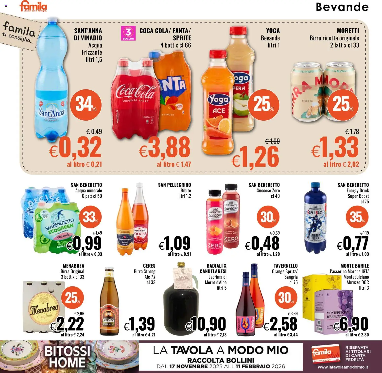 Volantino Famila del 08.01.2026 | Pagina: 16 | Prodotti: Birra, Ceres, Acqua minerale, Coca Cola