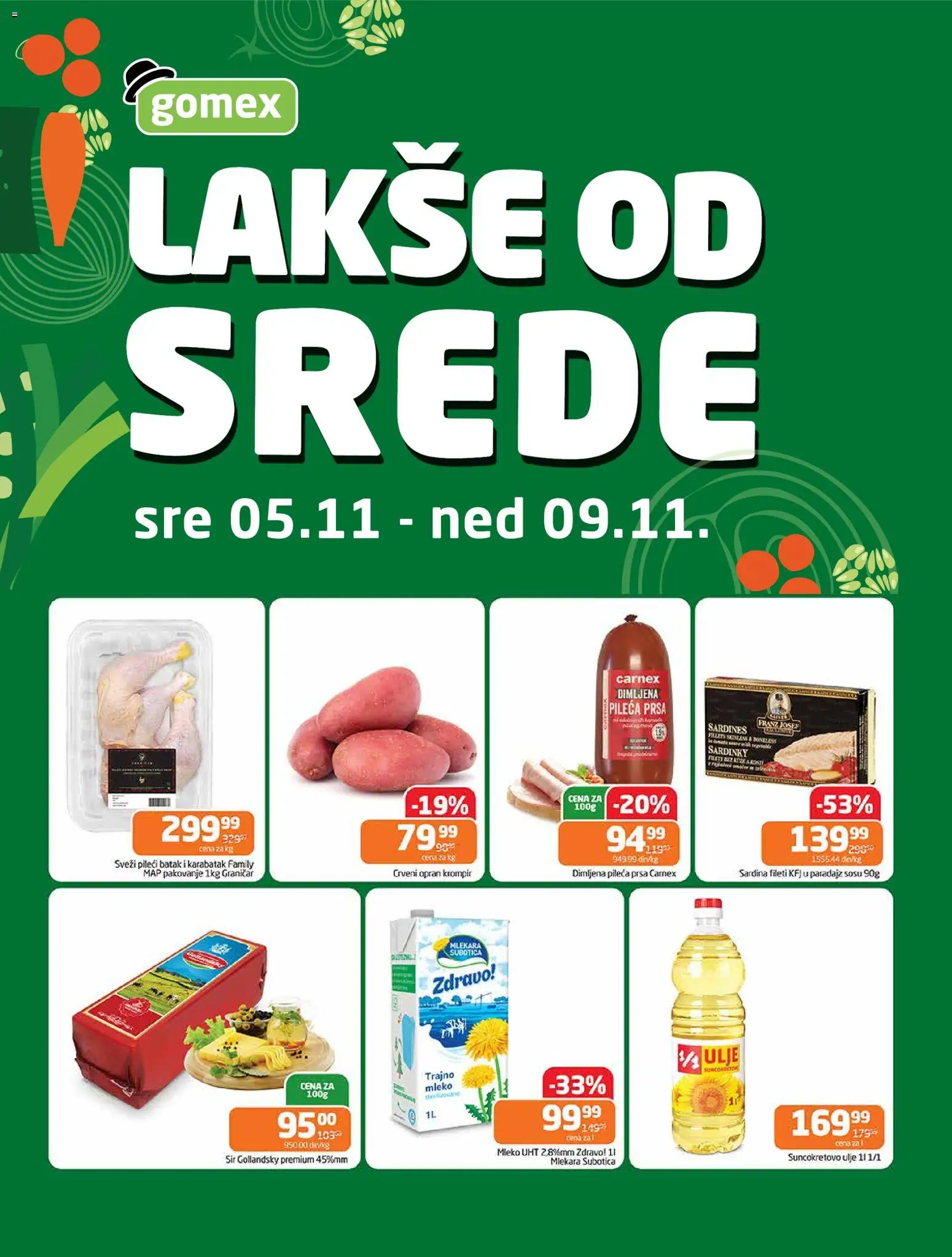 Gomex katalog - važi od 05.11.2025 | Strana: 1 | Proizvode: Dimljena pileća prsa, Mleko, Pileći batak, Pakovanje