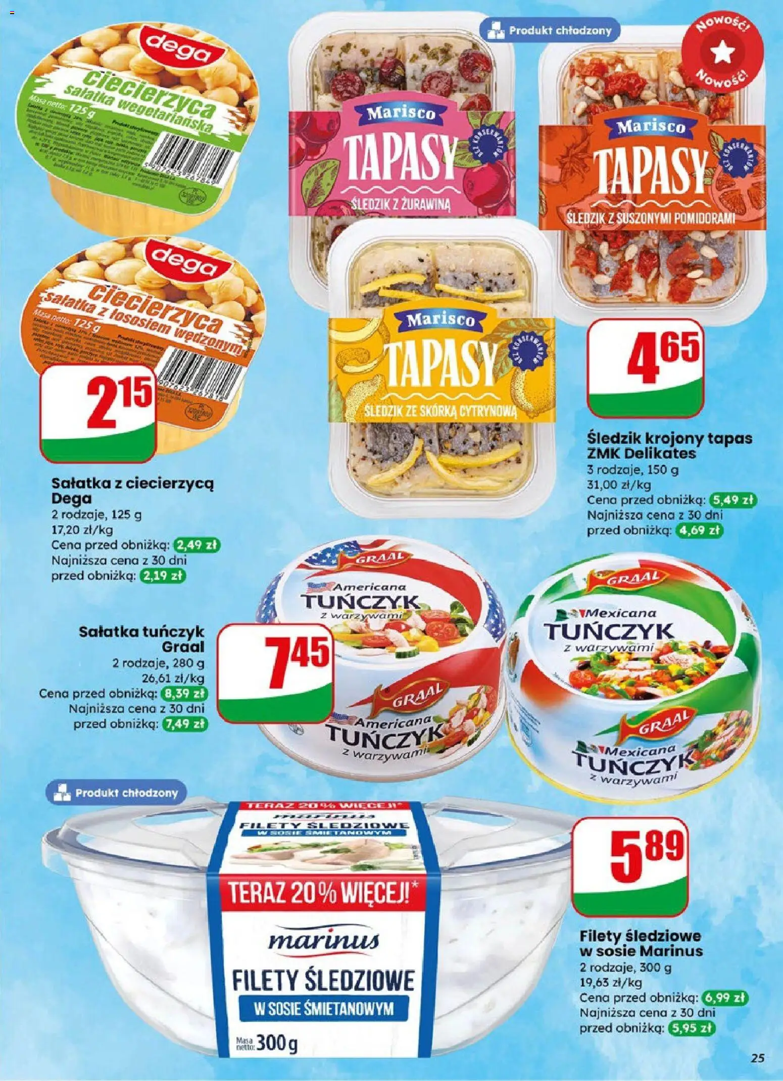 Dino gazetka od 08.04.2026 | Strona: 25 | Produkty: Filety śledziowe w sosie śmietanowym, Tuńczyk, Żurawina, Sałatka