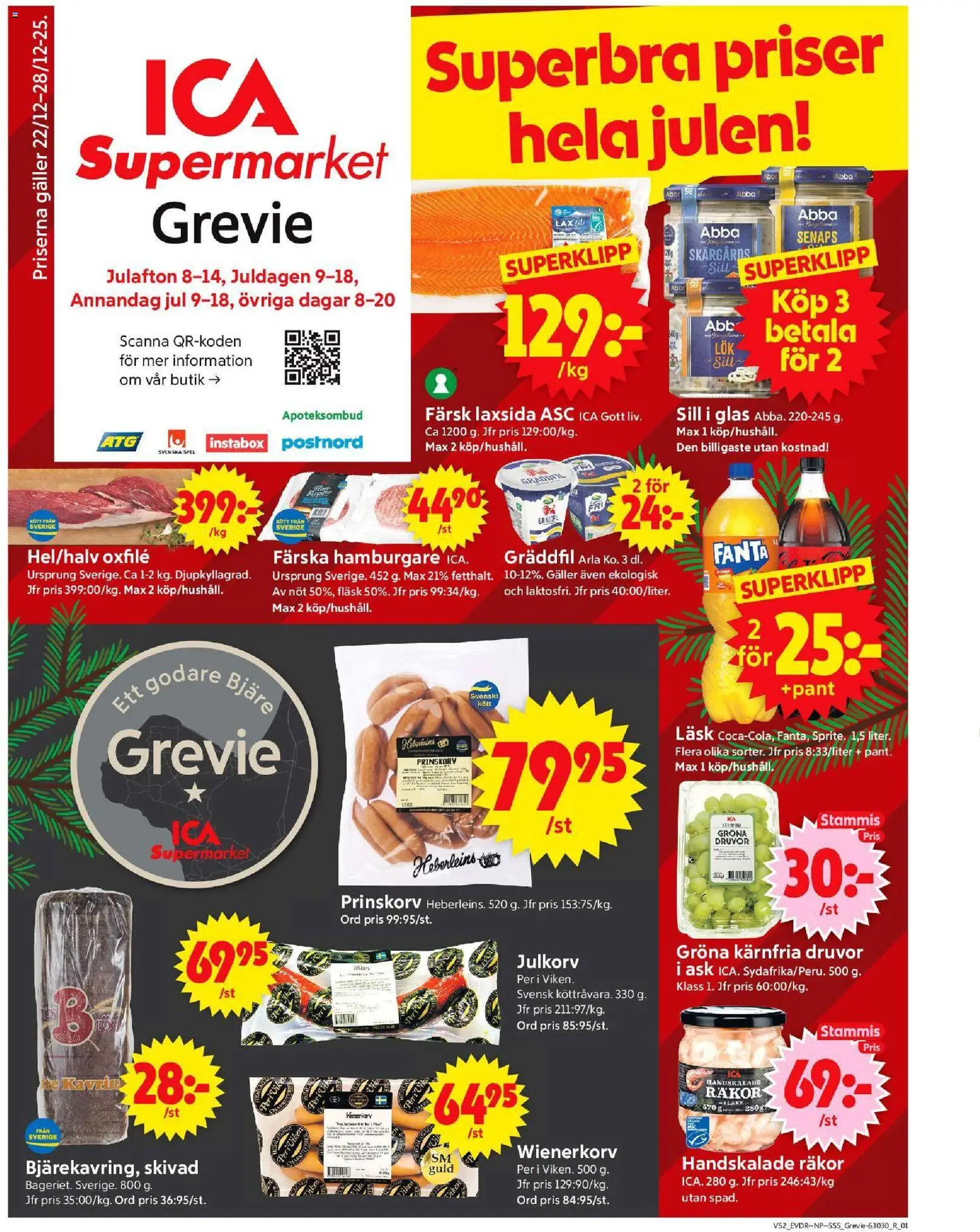 ICA Supermarket reklamblad aktuell från 22.12.2025 | Sida: 1 | Produkter: Sill, Lax, Fläsk, Te