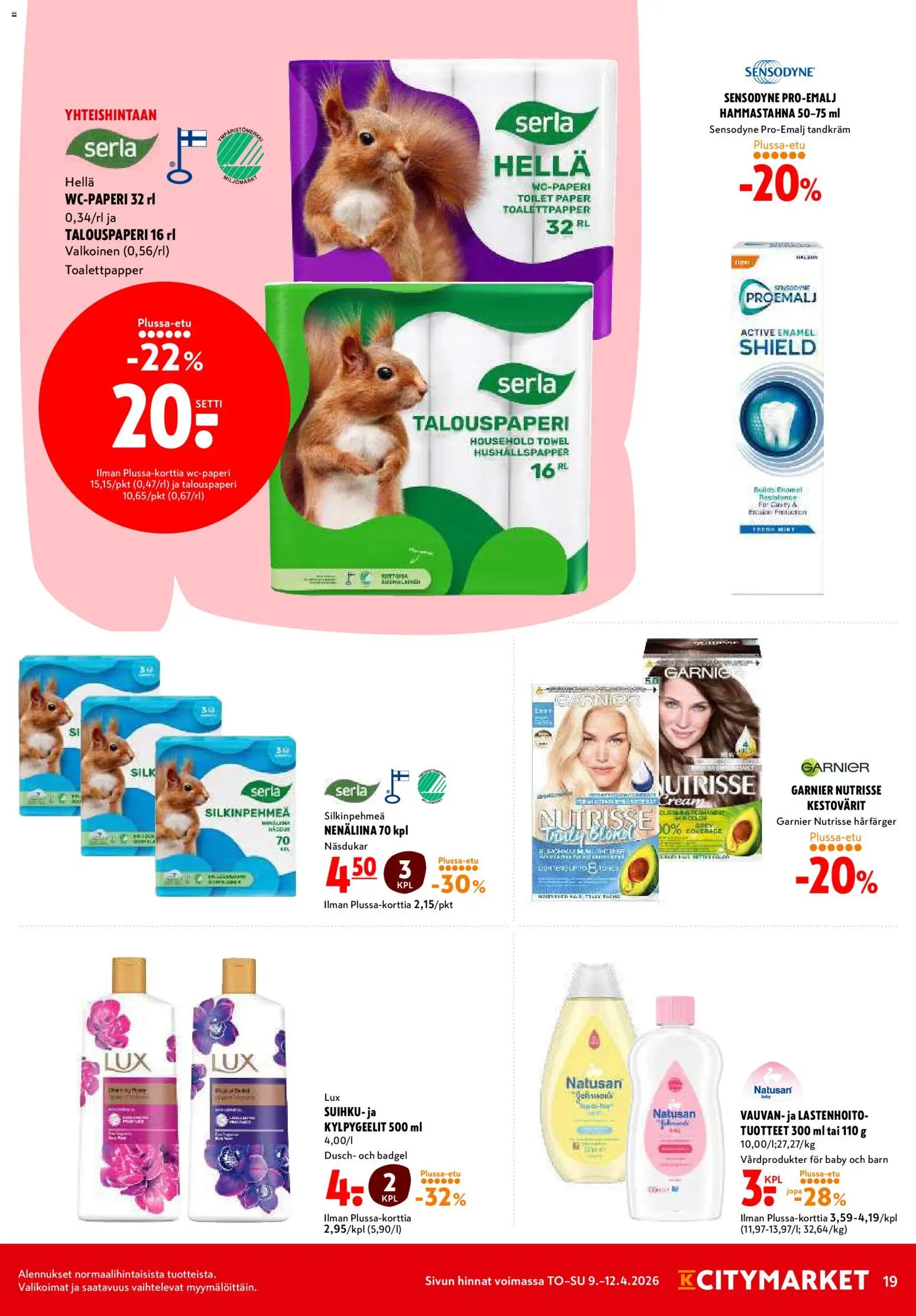 K-Citymarket tarjoukset – voimassa 09.04.2026 alkaen | Sivu: 19 | Tuotteet: Hella, Hammastahna, Nenäliina, Suihku