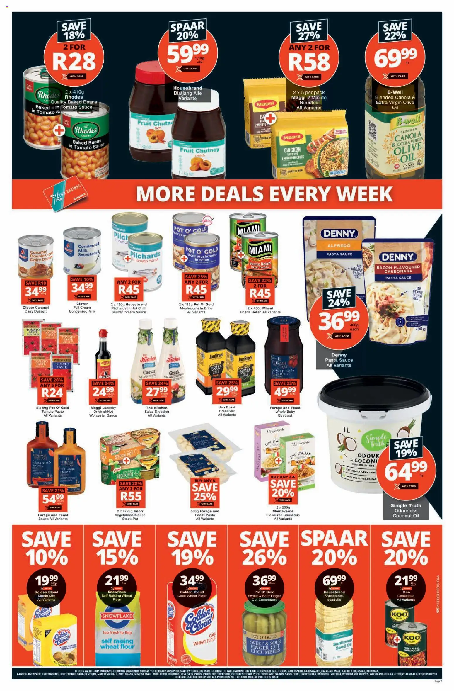 New Checkers catalogue – valid from 09.02.2026 | Page: 7 | Products: Salad dressing, Baked beans, Pasta sauce, Caramel