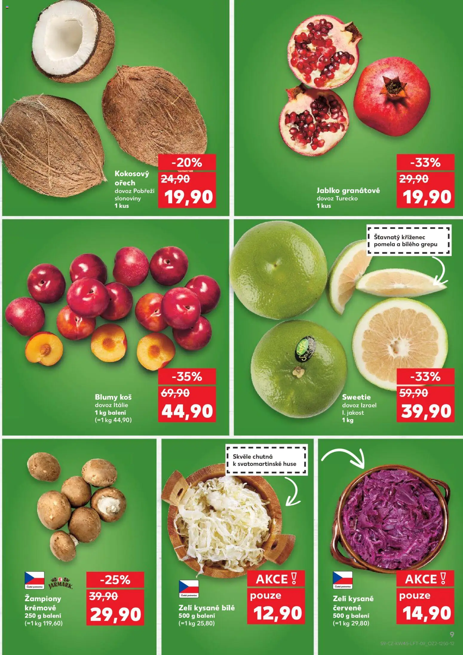 Kaufland leták - Plzeň Bory od 05.11.2025 | Strana: 9 | Produkty: Žampiony, Pomelo, Zelí, Koš