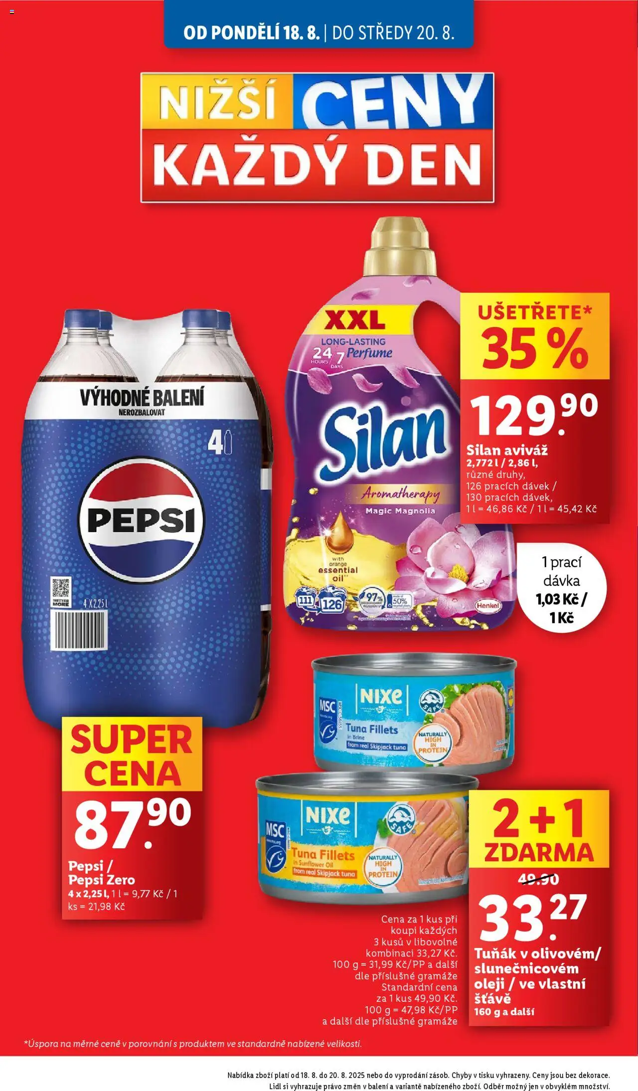 Lidl leták od 18.08.2025 | Strana: 2 | Produkty: Tuňák, Pepsi Zero, Silan, Protein