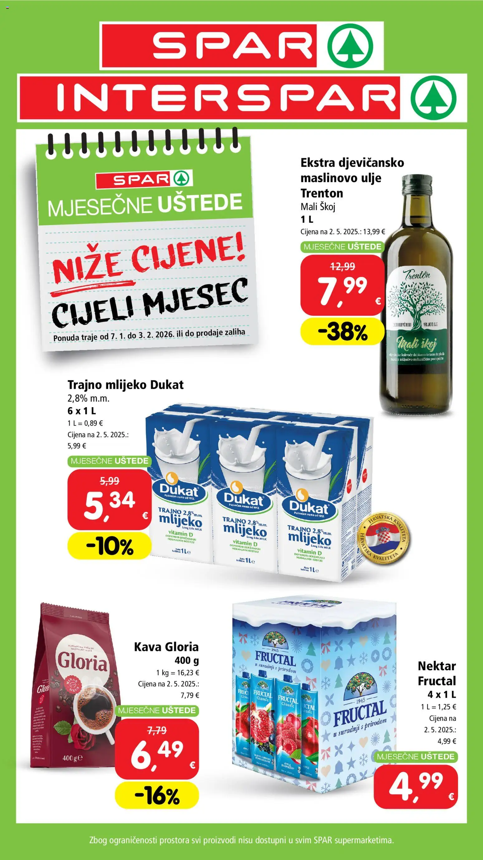 Spar katalog | vrijedi od 07.01.2026 | Stranica: 1 | Proizvodi: Mlijeko, Ulje, Kava, Trajno mlijeko
