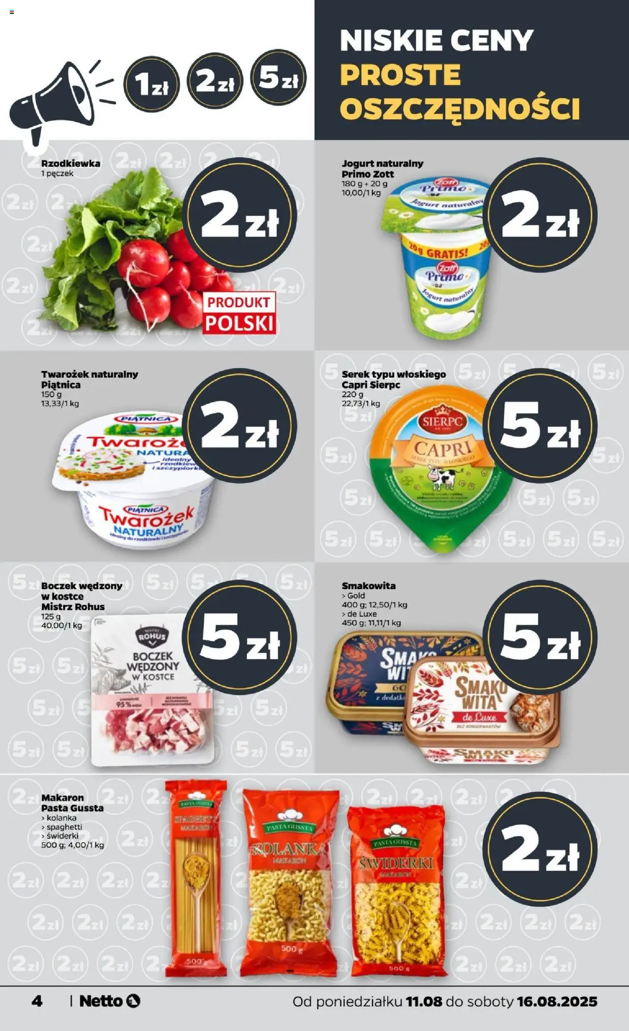 Netto gazetka - Spożywcza od 11.08.2025 | Strona: 4 | Produkty: Jogurt naturalny, Jogurt, Makaron, Twarożek