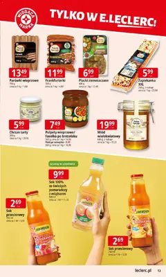 Pogląd oferty "E.Leclerc Gazetka" - ważna od 10.11.2025 | Strona: 13 | Produkty: Miód, Placki ziemniaczane, Parówki wieprzowe, Sok