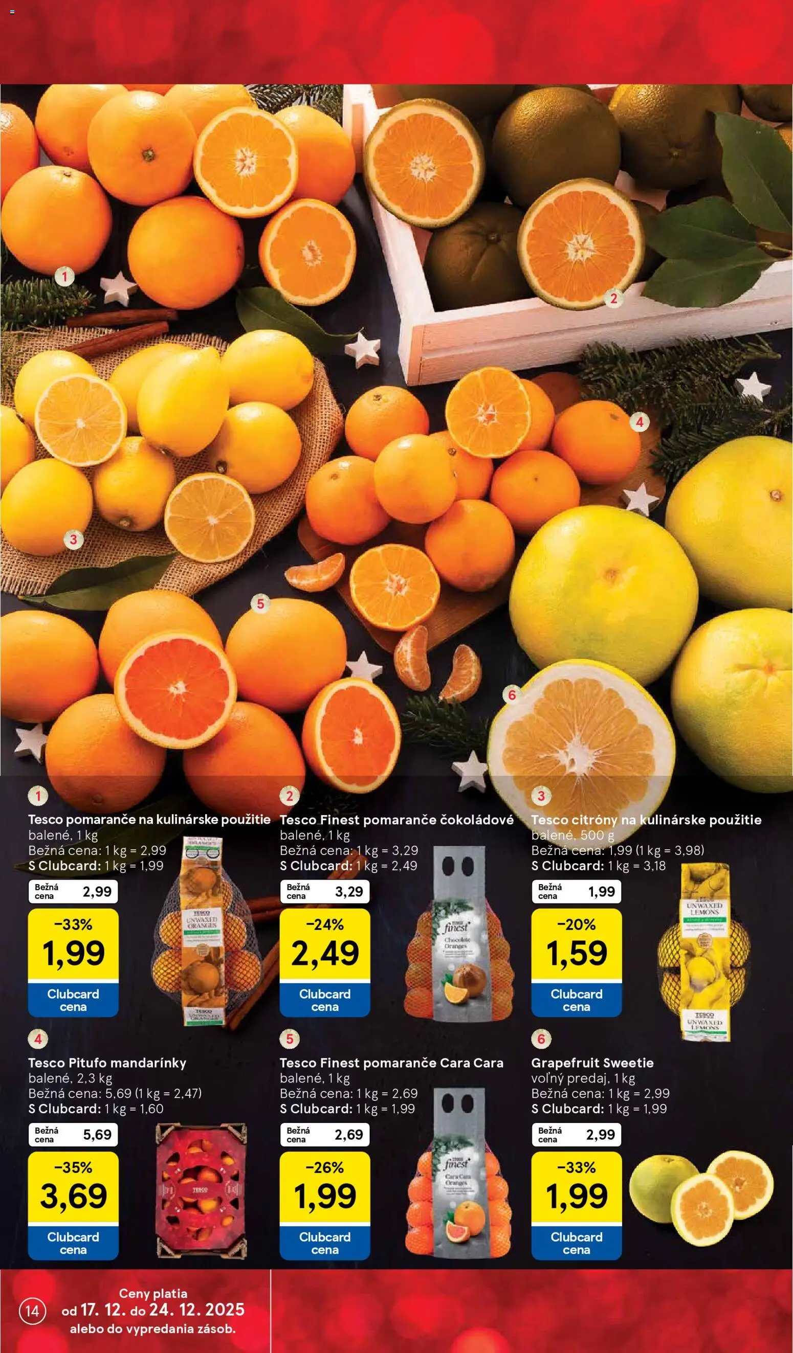 Nové Tesco akcie – leták je platný od 17.12.2025 | Strana: 14 | Produkty: Pomaranče, Citróny, Mandarinky, Grapefruit