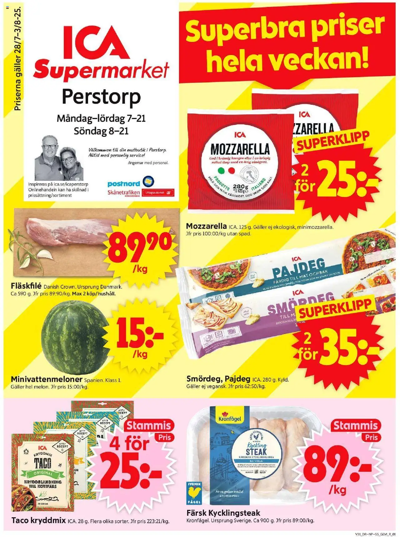 ICA Supermarket reklamblad aktuell från 28.07.2025 | Sida: 1 | Produkter: Kycklingklubba, Galler