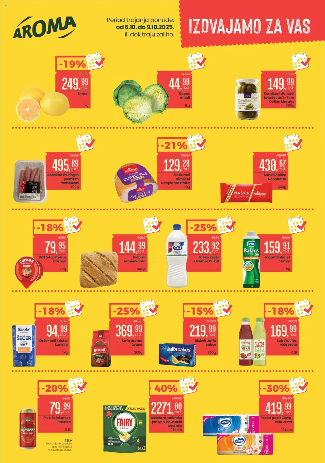 Aroma Market katalog - važi od 06.10.2025 | Strana: 1 | Proizvode: Toalet papir, Šećer, Kornišoni, Šunka
