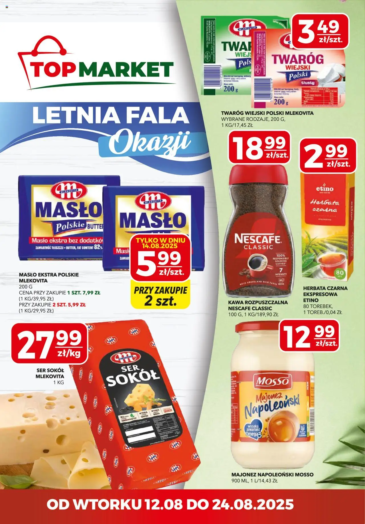 Top Market Gazetka mini od 12.08.2025 | Strona: 1 | Produkty: Nescafe, Kawa rozpuszczalna, Kawa, Twaróg