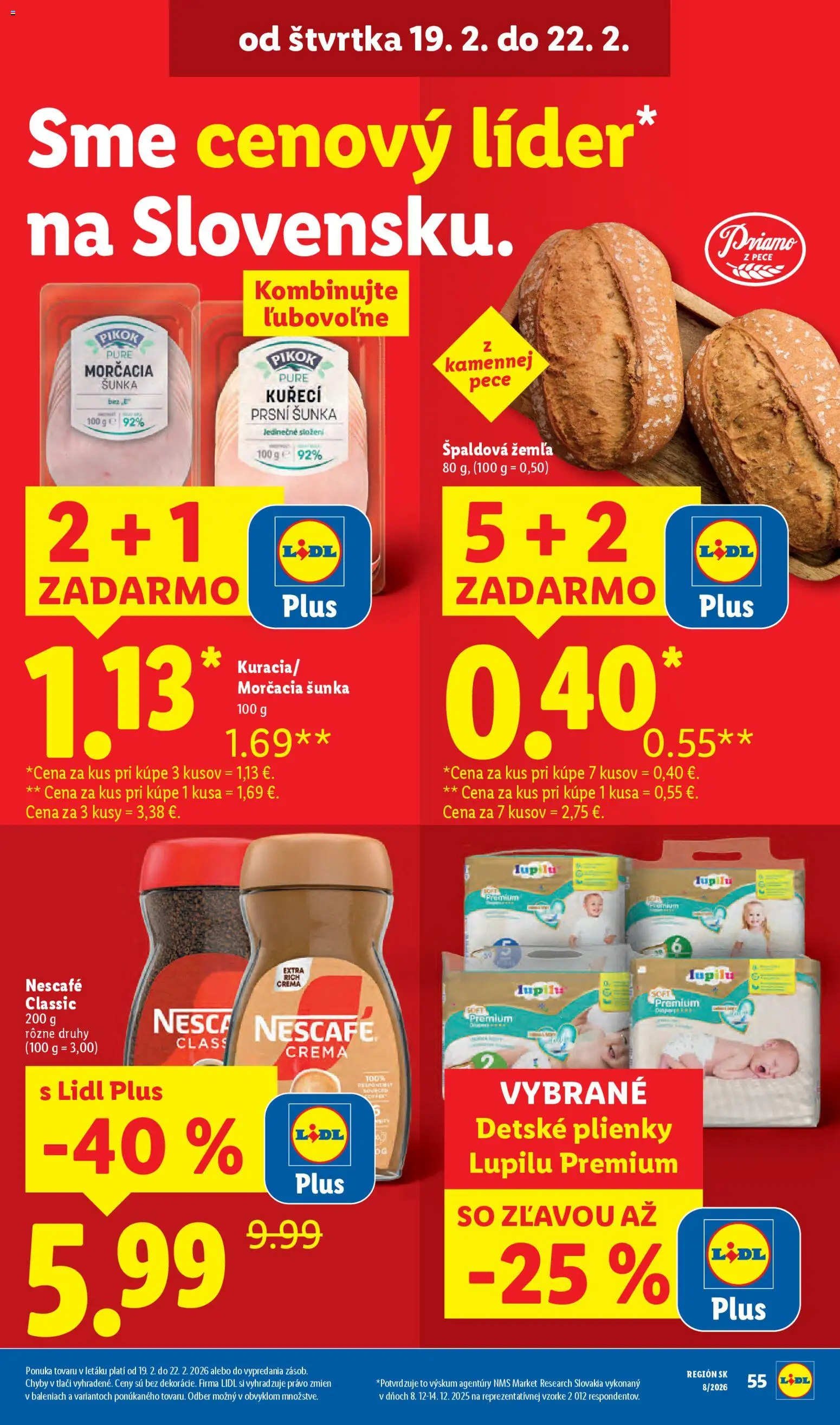 Nové Lidl akcie – leták je platný od 19.02.2026 | Strana: 12 | Produkty: Šunka, Plienky, Nescafé Classic