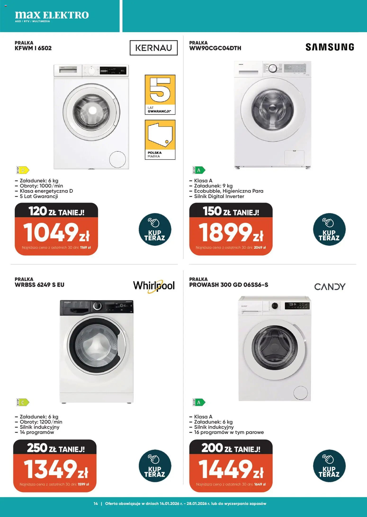 Max elektro Gazetka od 14.01.2026 | Strona: 14 | Produkty: Pralka