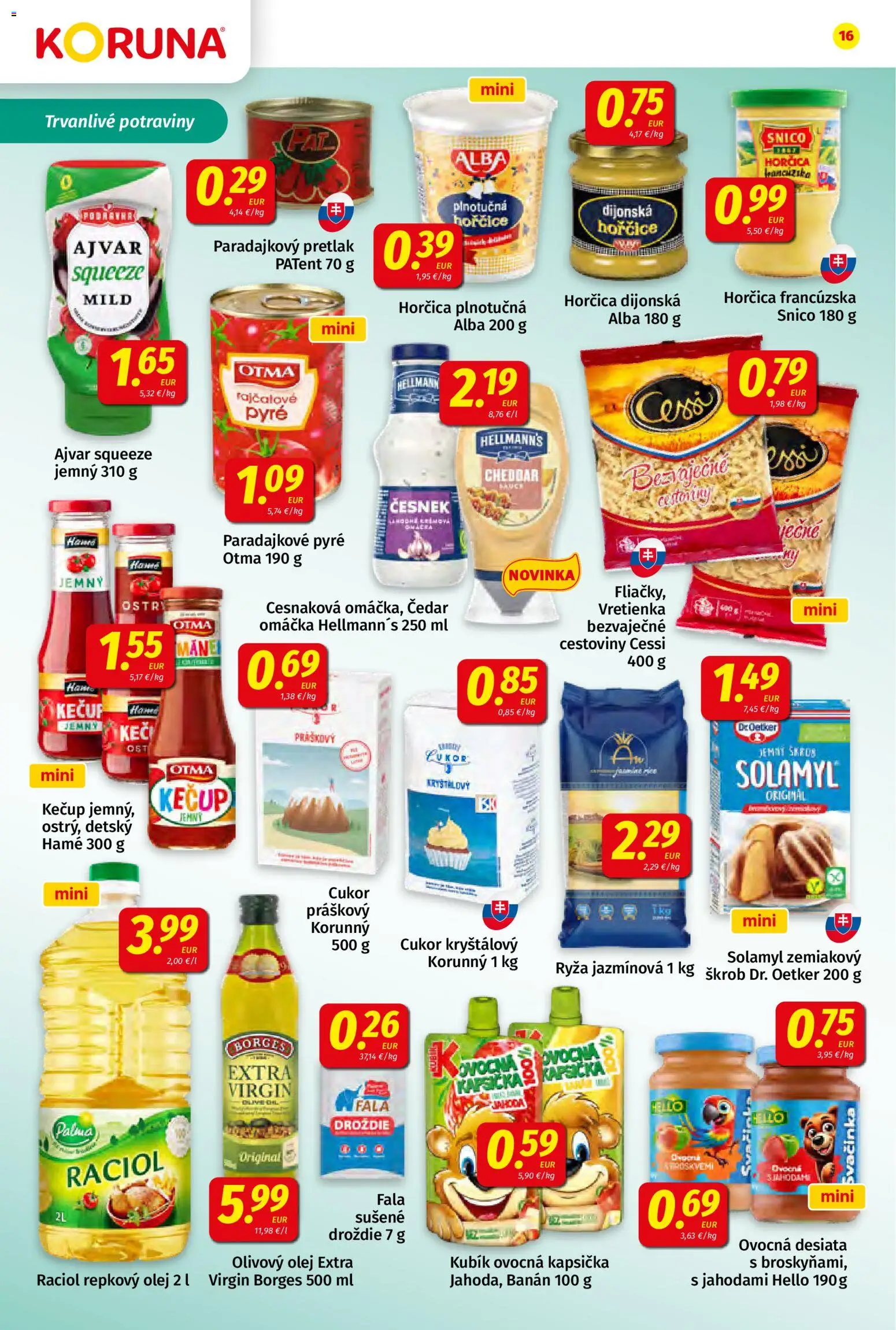 Nové Koruna akcie – leták je platný od 24.04.2026 | Strana: 16 | Produkty: Olej, Cestoviny, Olivový olej, Cukor