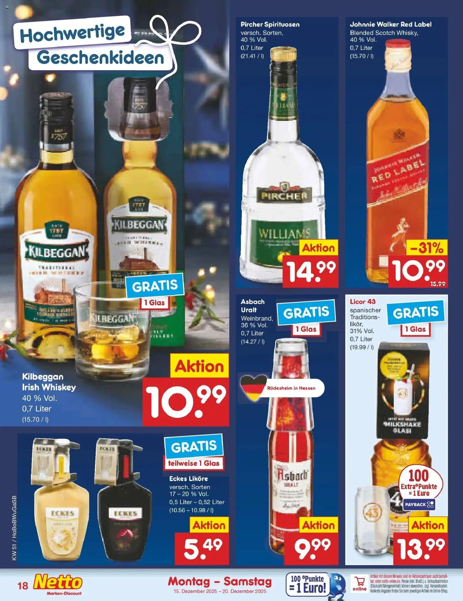 Netto Marken-Discount prospekt Stemwede-Dielingen	 – gültig ab 15.12.2025 | Seite: 20 | Produkte: Whiskey, Johnnie walker, Asbach