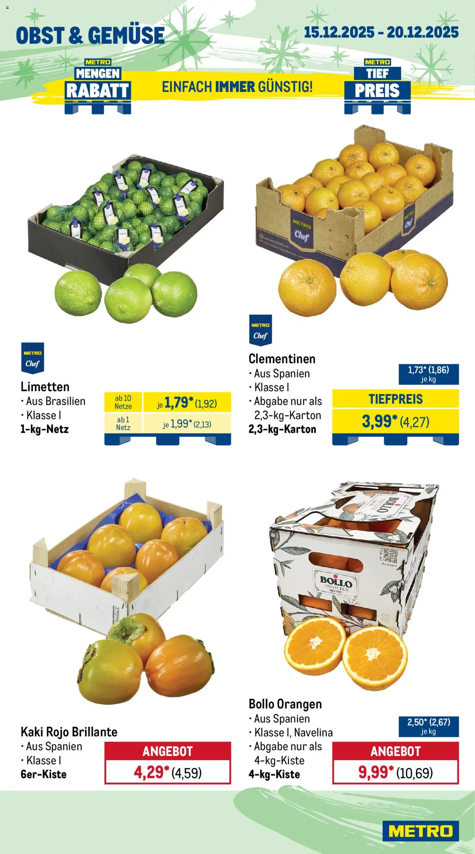 Metro Prospekt 	 – gültig ab 15.12.2025 | Seite: 8 | Produkte: Limetten, Orangen, Gemüse, Kaki