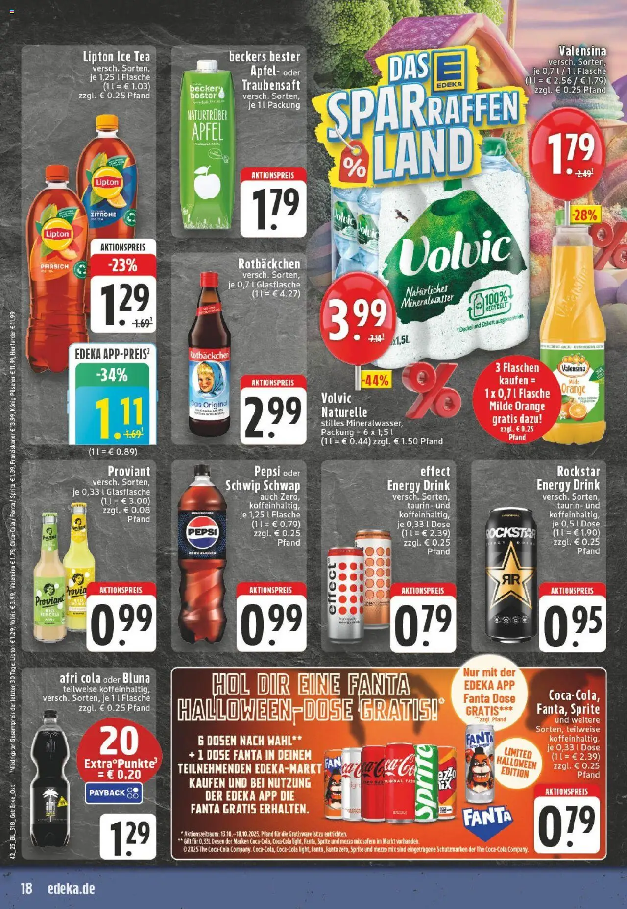 Edeka prospekt Lienen	 – gültig ab 13.10.2025 | Seite: 18 | Produkte: Energy, Mineralwasser, Valensina, Pfirsich