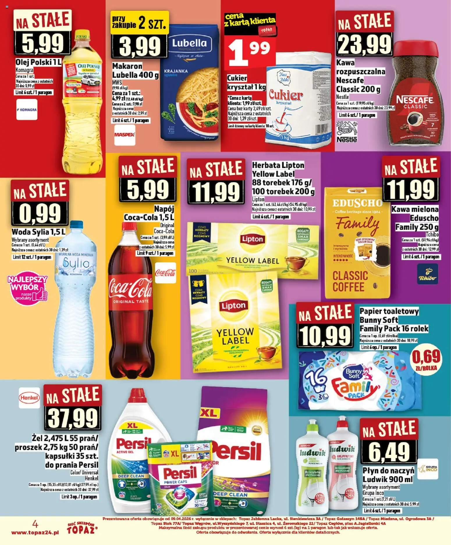 Topaz gazetka - Ceny małe na stałe od 09.04.2026 | Strona: 4 | Produkty: Papier toaletowy, Persil, Herbata lipton, Olej