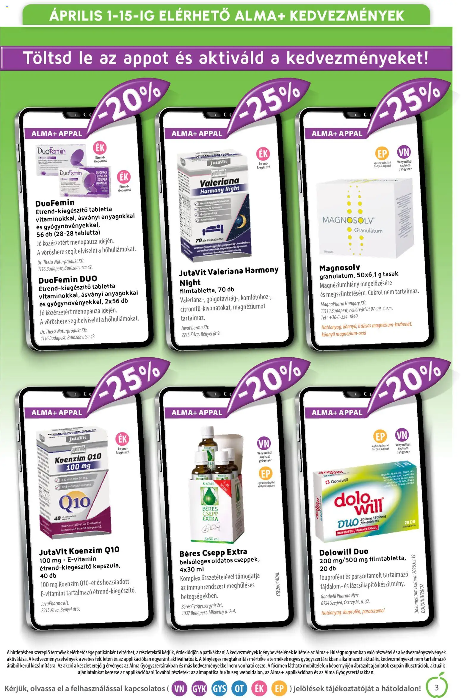 Alma Gyógyszertárak akciós ujság - amely érvényes a következő dátumtól: 01.04.2026 | Oldal: 3 | Termékek: Béres csepp, Alma