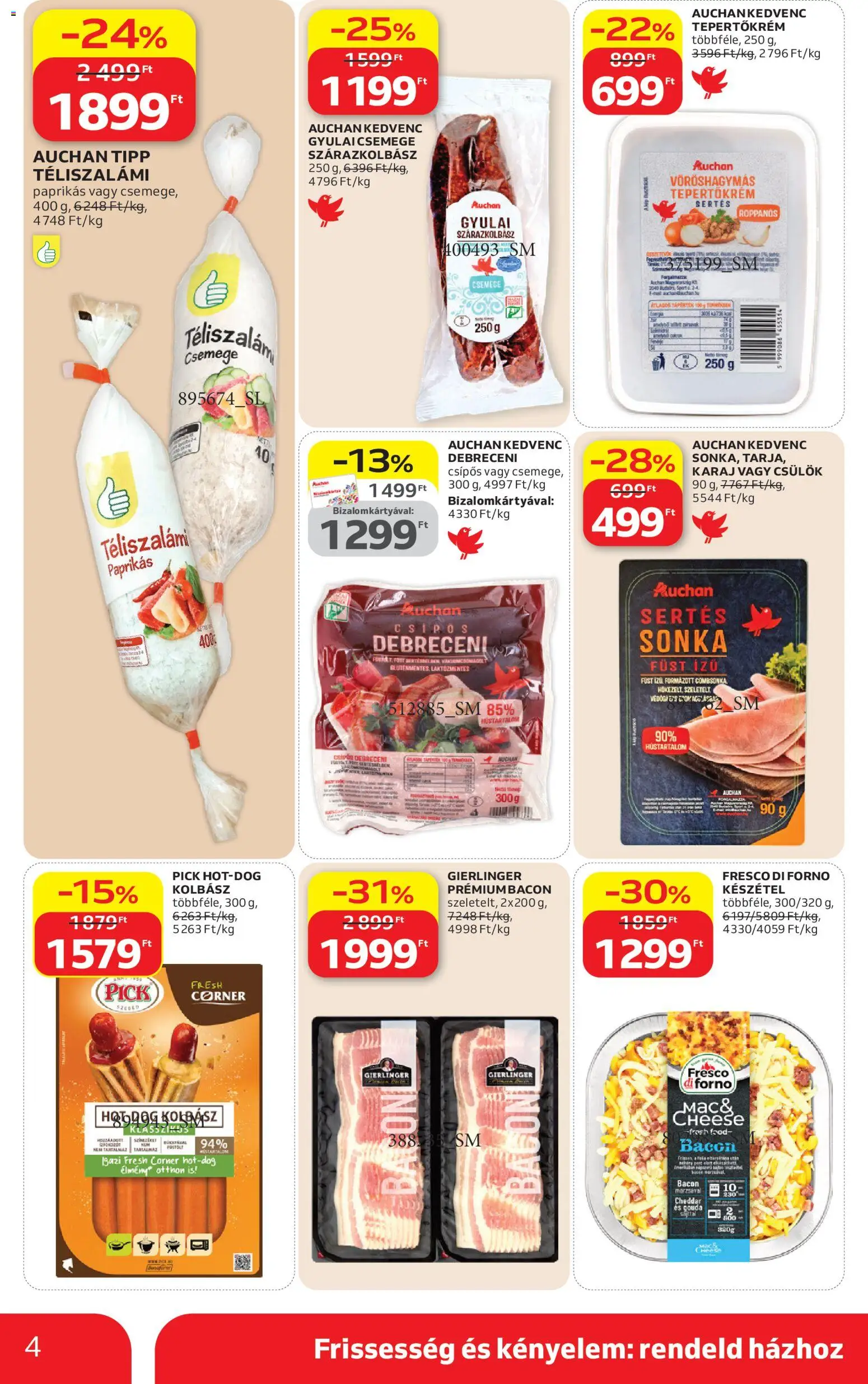 Auchan akciós ujság - amely érvényes a következő dátumtól: 23.04.2026 | Oldal: 4 | Termékek: Sonka, Téliszalámi, Combsonka, Készétel