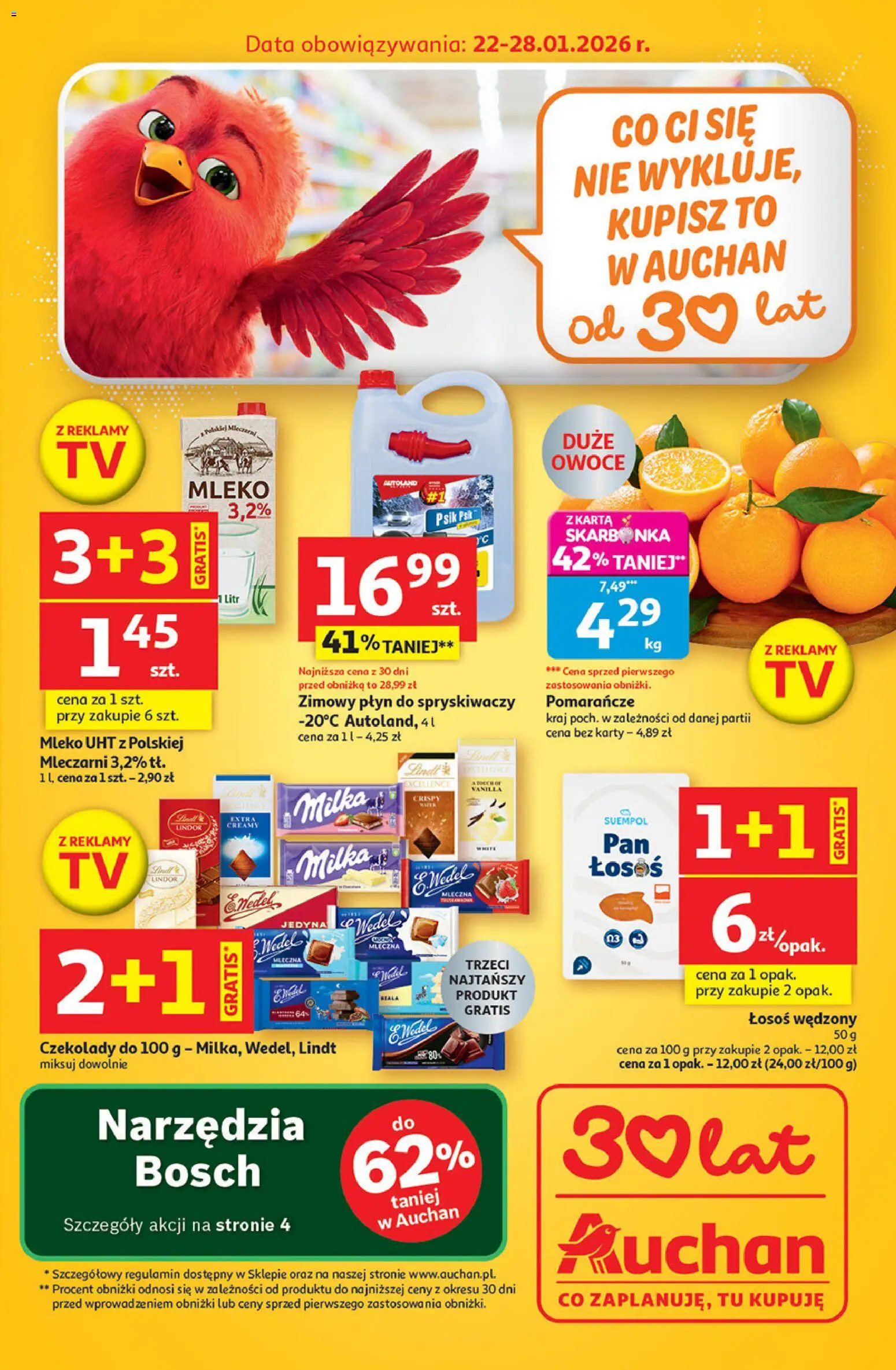 Auchan Gazetka - 30 Lat Franczyza od 22.01.2026 | Strona: 1 | Produkty: Karta, Łosoś, Płyn do spryskiwaczy, Mleko