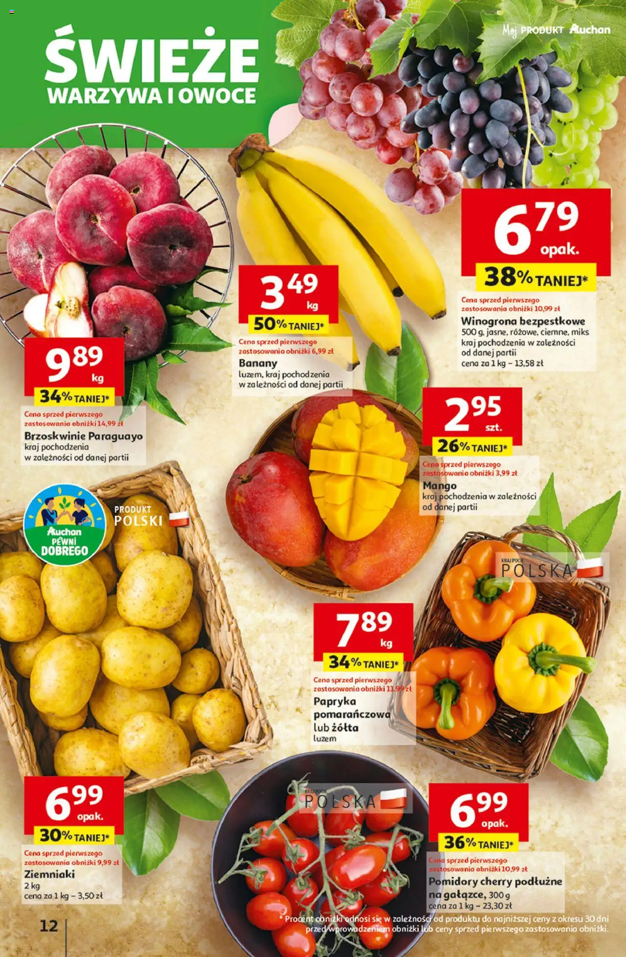 Auchan Gazetka - Odlotowe ceny na start szkoły Hipermarket od 28.08.2025 | Strona: 12 | Produkty: Mango, Pomidory, Brzoskwinie, Warzywa