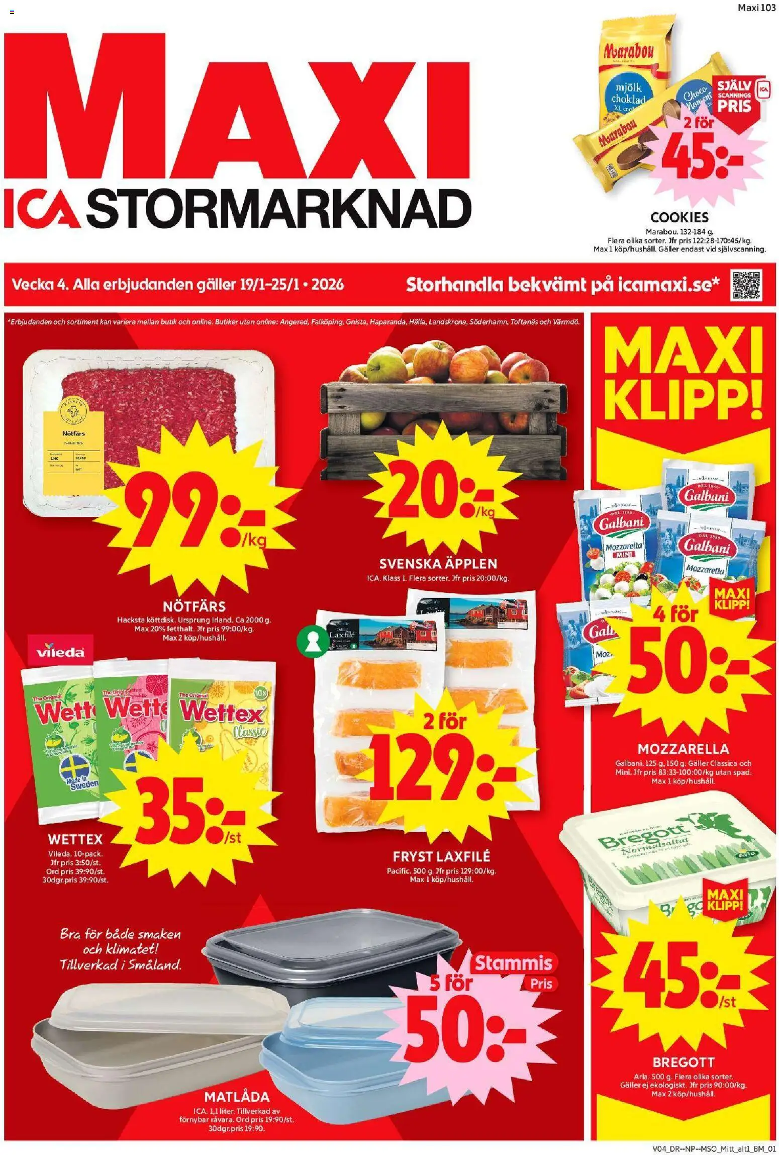 ICA Maxi reklamblad aktuell från 19.01.2026 | Sida: 1 | Produkter: Nötfärs, Galler, Mjölk, Äpplen