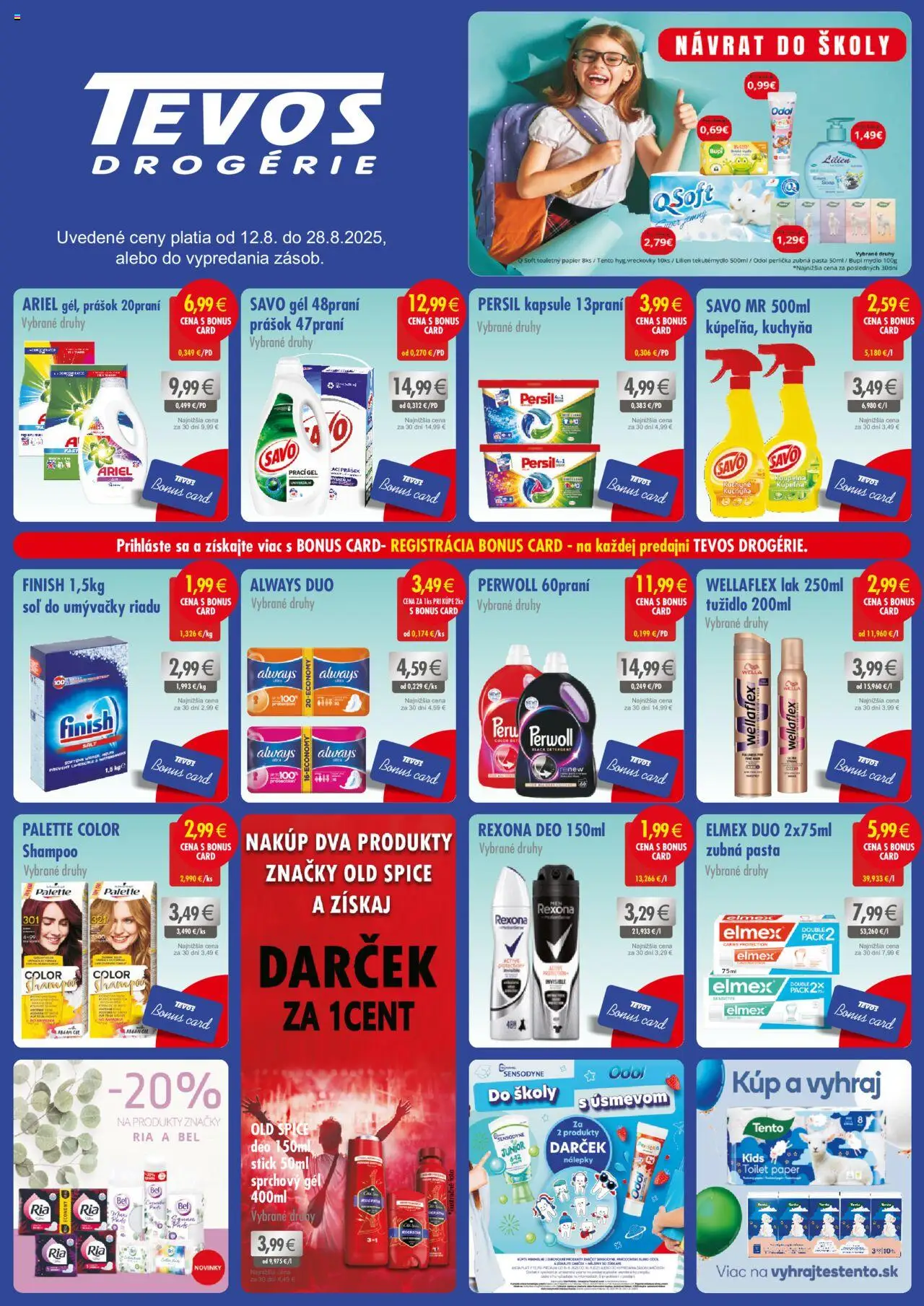 TEVOS drogérie leták │ platný od 12.08.2025 | Strana: 1 | Produkty: Kuchyňa, Kúpelňa, Old Spice, Zubná pasta